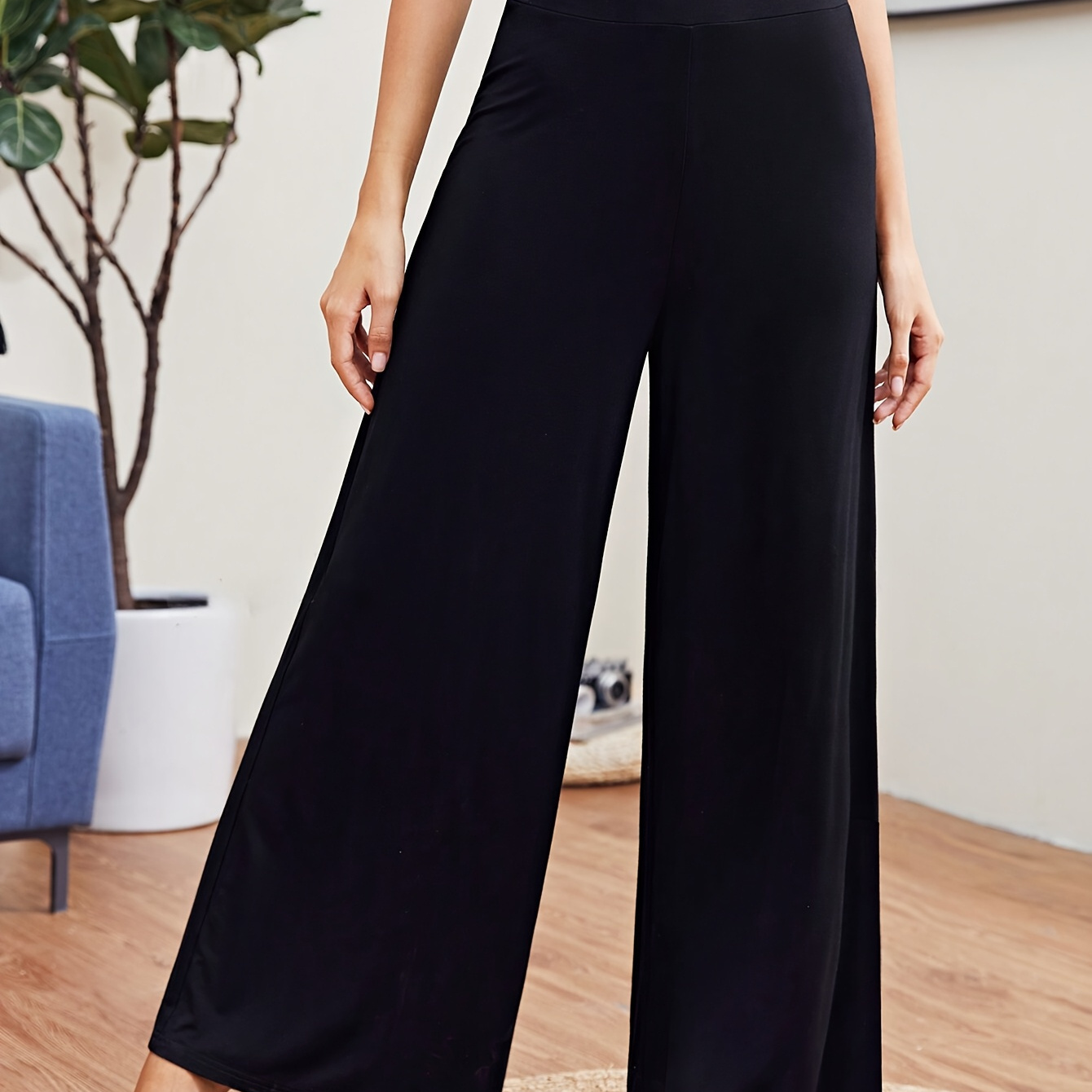 

1pc Women's High-waisted Wide Leg Pants, 95% Polyester 5% Elastane, Solid Color, Loose Fit, Waist, Knit Fabric, Long Trousers For Weekend Casual Wear