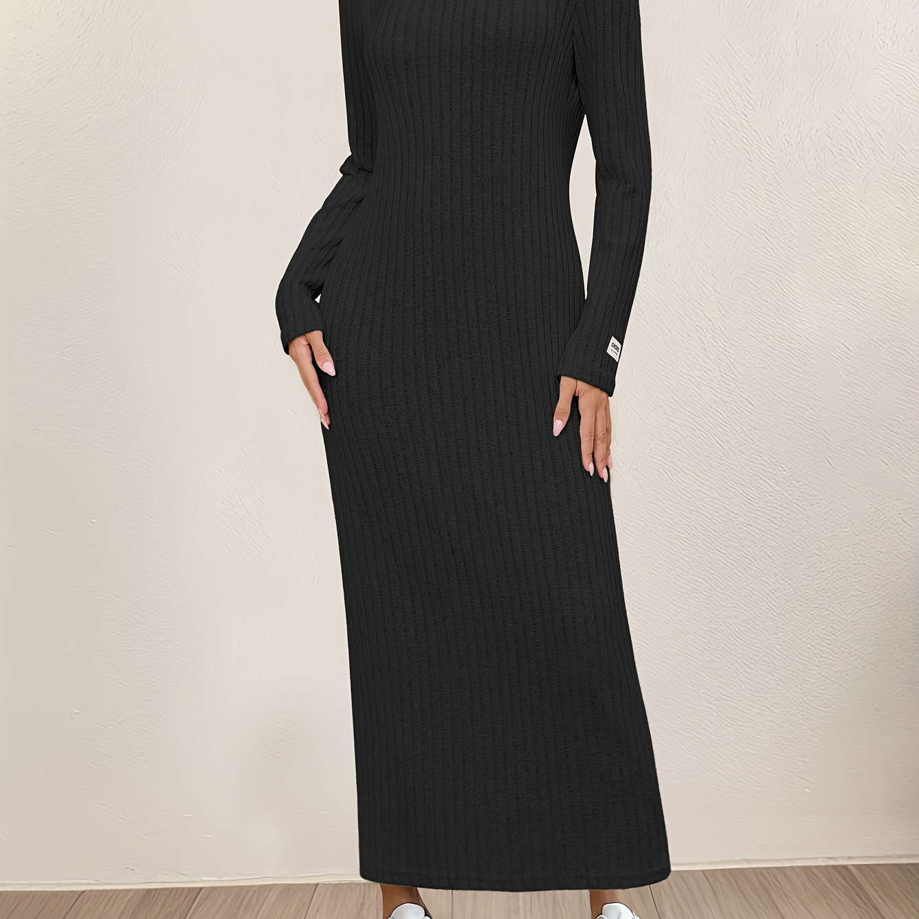 

Women's Long Sleeve Ribbed Knit Dress - Casual Loose Fit Maxi Skirt, Solid Color Round Neck Pullover Dress For Home Or , Soft Polyester , Relaxed Style