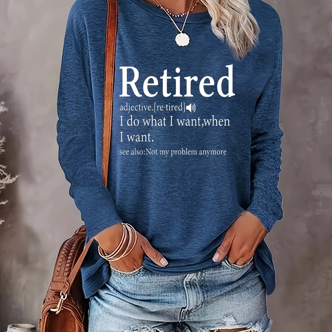 

1pc Women's Casual Crew Neck Long Sleeve T-shirt With Pocket, Knit Polyester Top With Alphabet Print, Loose Fit For Spring/fall - "retired" Slogan Tee