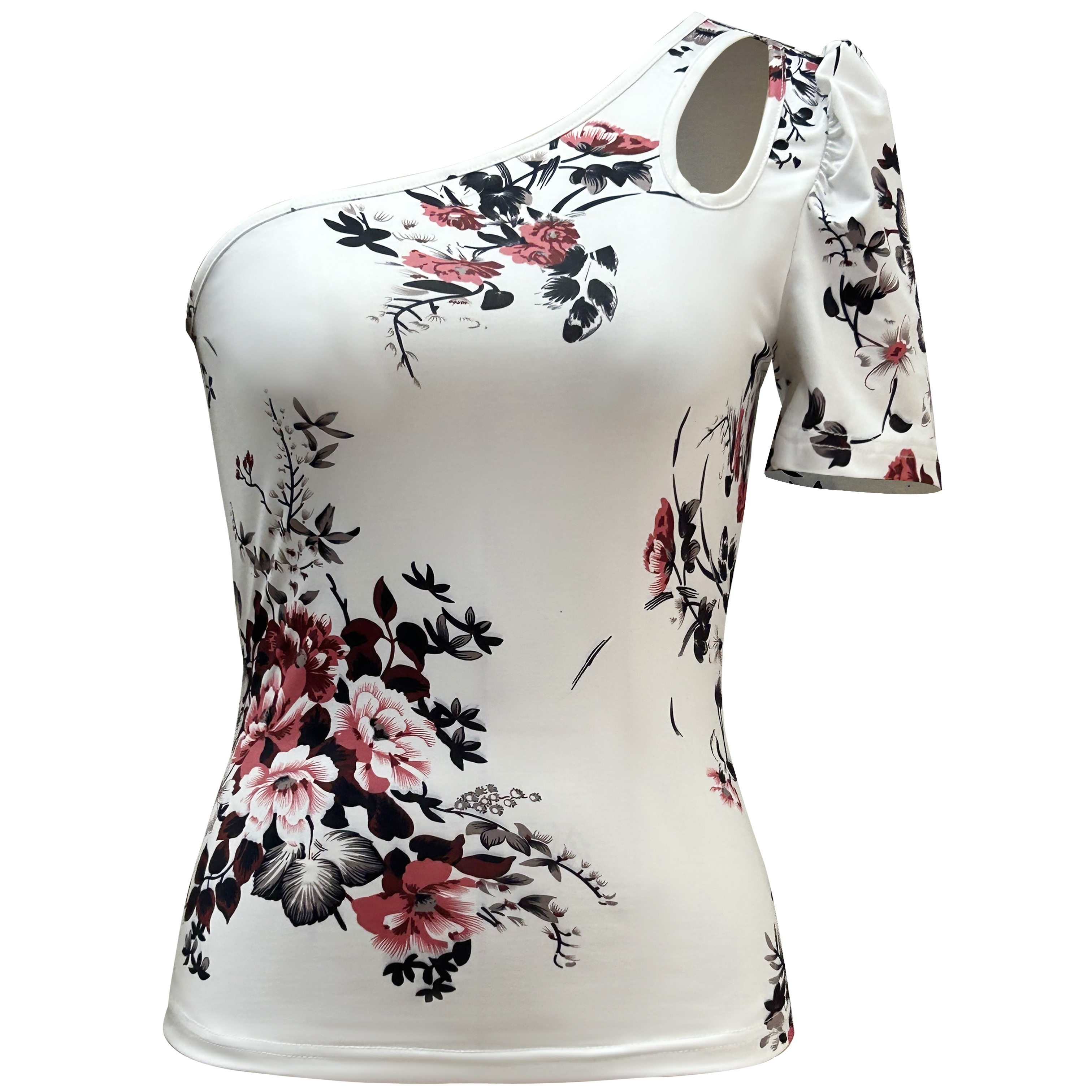

Floral Print 1 Shoulder T-shirt, Elegant Cut Out Short Sleeve Top For Spring & Summer, Women's Clothing
