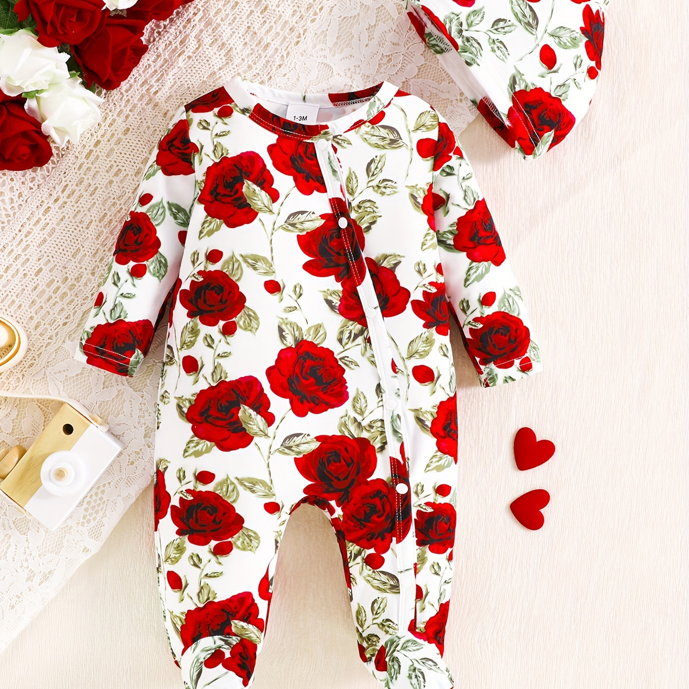 

Baby's Elegant Rose Pattern Long Sleeve Footed Romper & Hat, Toddler & Infant Girl's Bodysuit