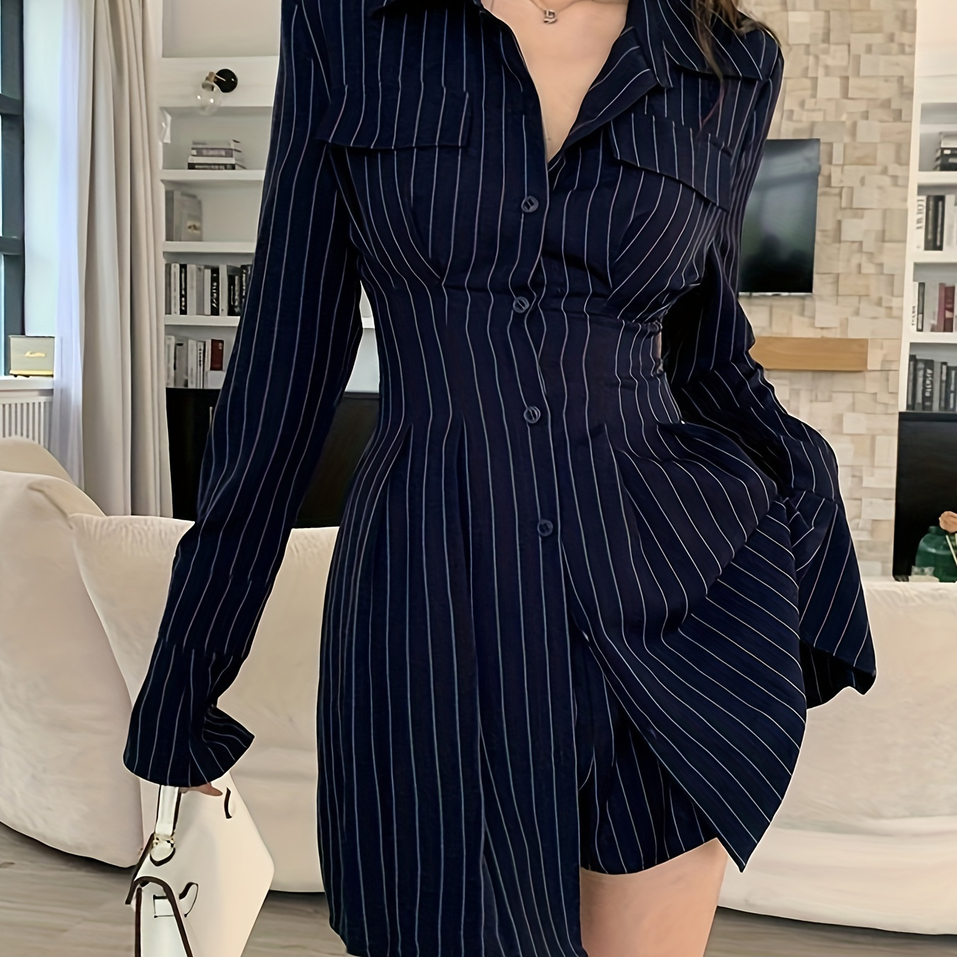 

Elegant Striped Shirt Dress With Long Sleeves And Lapel Collar - Slim Fit, Machine Washable - Spring & Fall