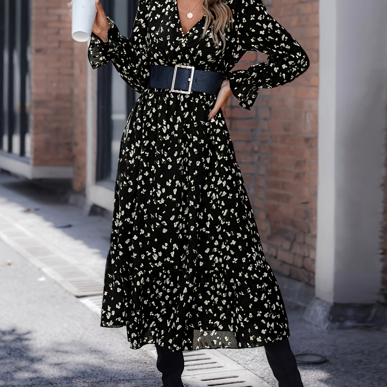 

Women's Elegant Black Floral V-neck Dress With Belt - Long Sleeve, A-line Silhouette, Machine Washable, Spring/summer Fashion