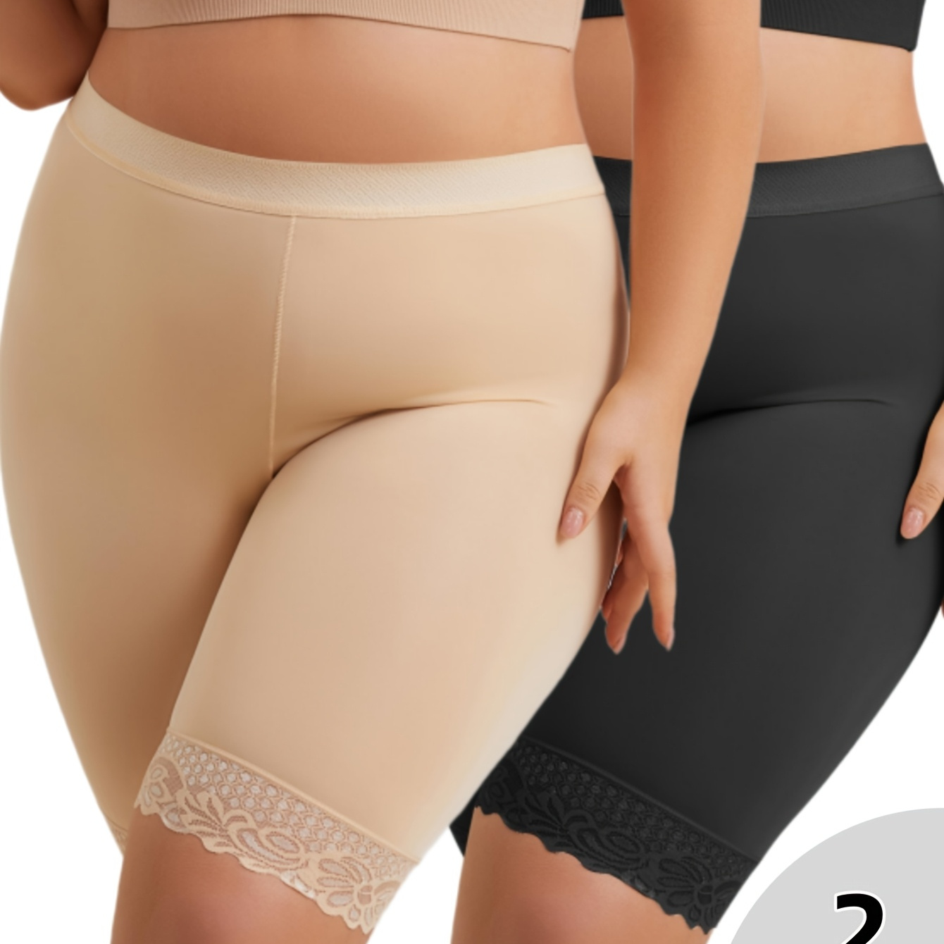 

2-pack High Waist Lace Trim Panties For Women, Breathable Knit Fabric, Solid Color, Polyester, Medium Stretch, Tummy Control & Thigh Friction Prevention Underwear