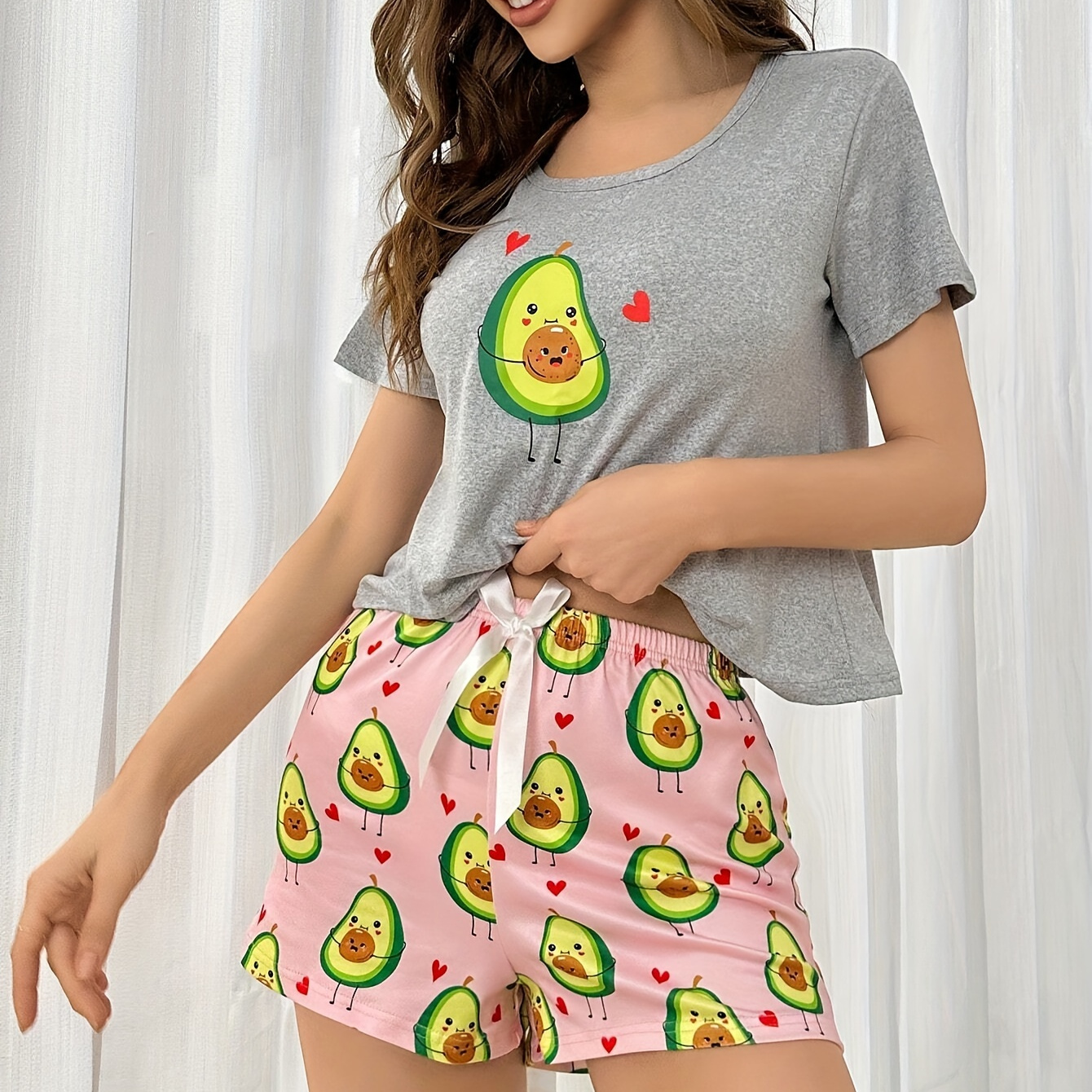 

Women's Cute Avocado Print Pajama Set, Short Sleeve Round Neck Top & Bow Decor Shorts, Comfortable Relaxed Fit