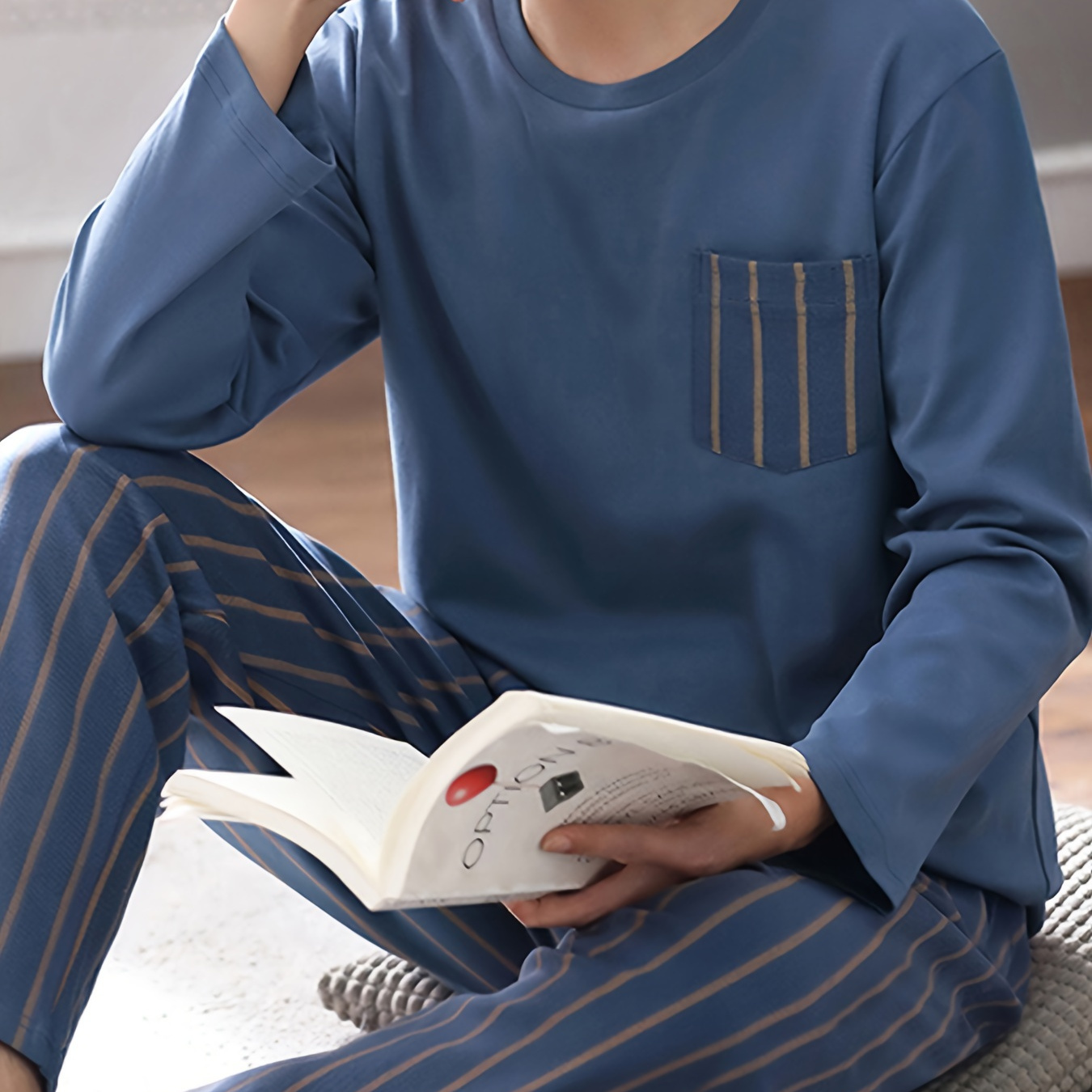 

2 Pcs Men's Simple Striped Pocket Round Neck Long Sleeve & Striped Trousers Pajama Set, Comfortable & Skin-friendly Style Pajamas For Men's Cozy Loungewear