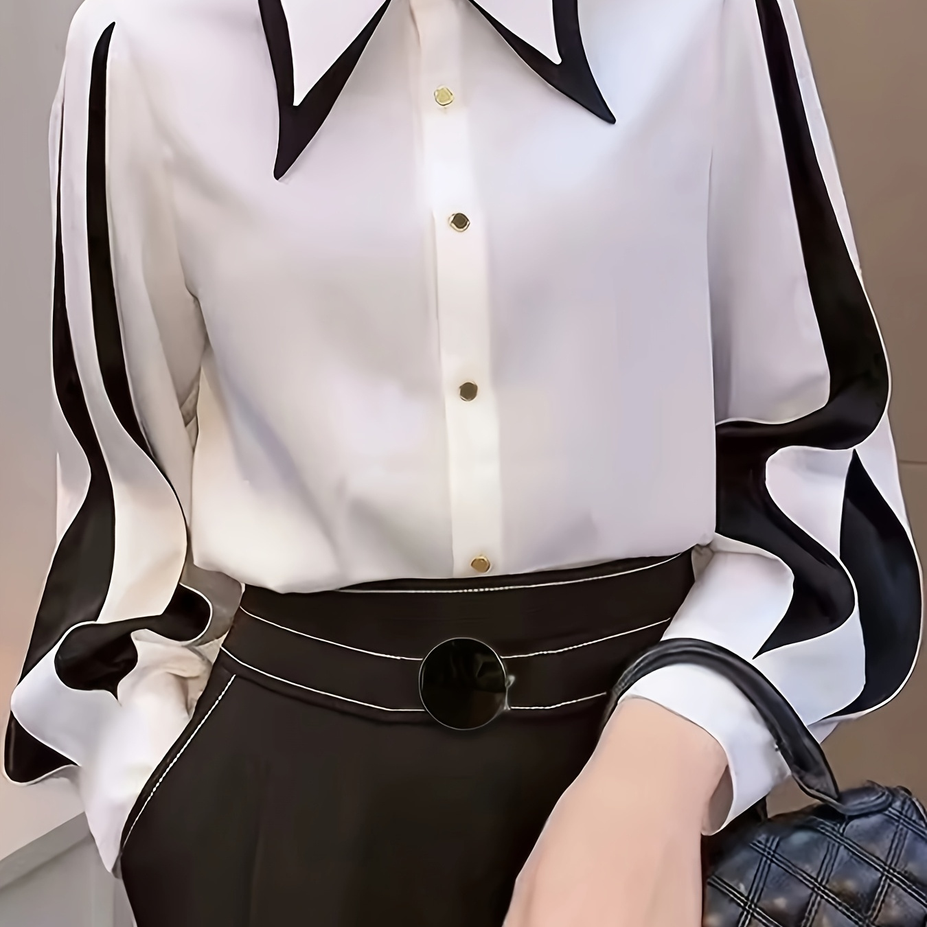 

1pc Elegant Women' Button-down Shirt, Polyester Weave, Pointed Collar, Office Wear