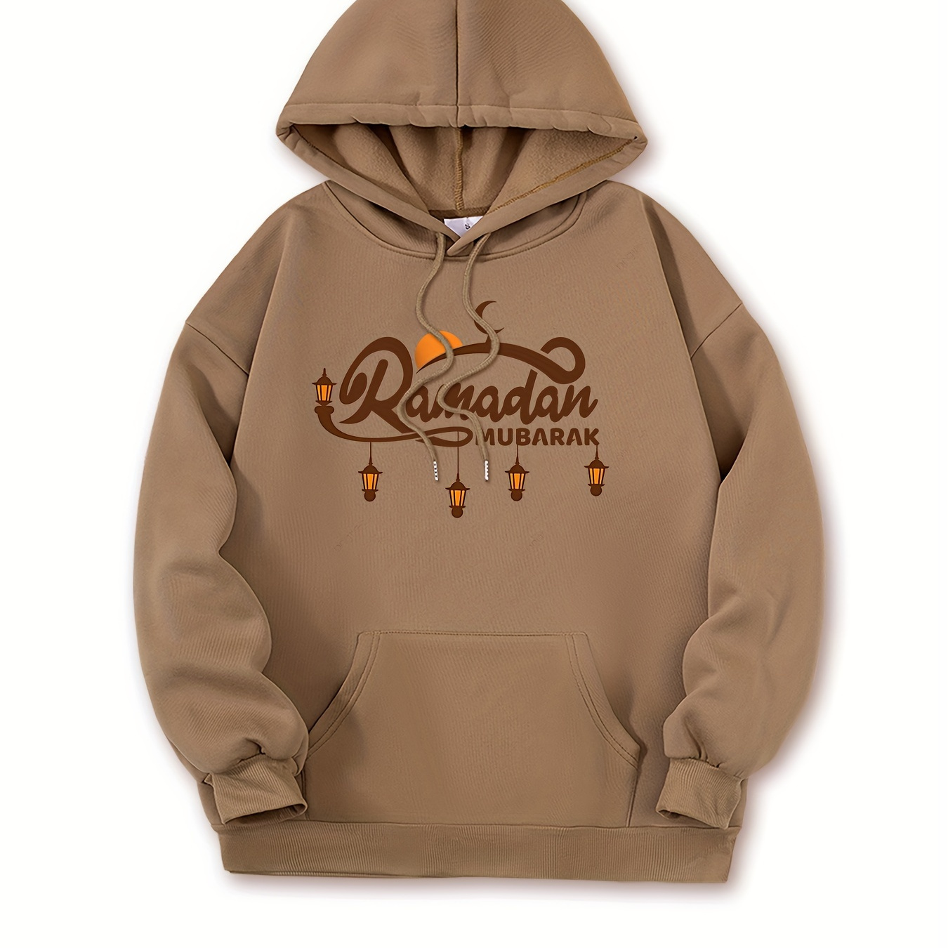 

Ramadan Print Kangaroo Pocket Casual Hoodie, Long Sleeves Drawstring Sports Hooded Sweatshirt, Women's Activewear