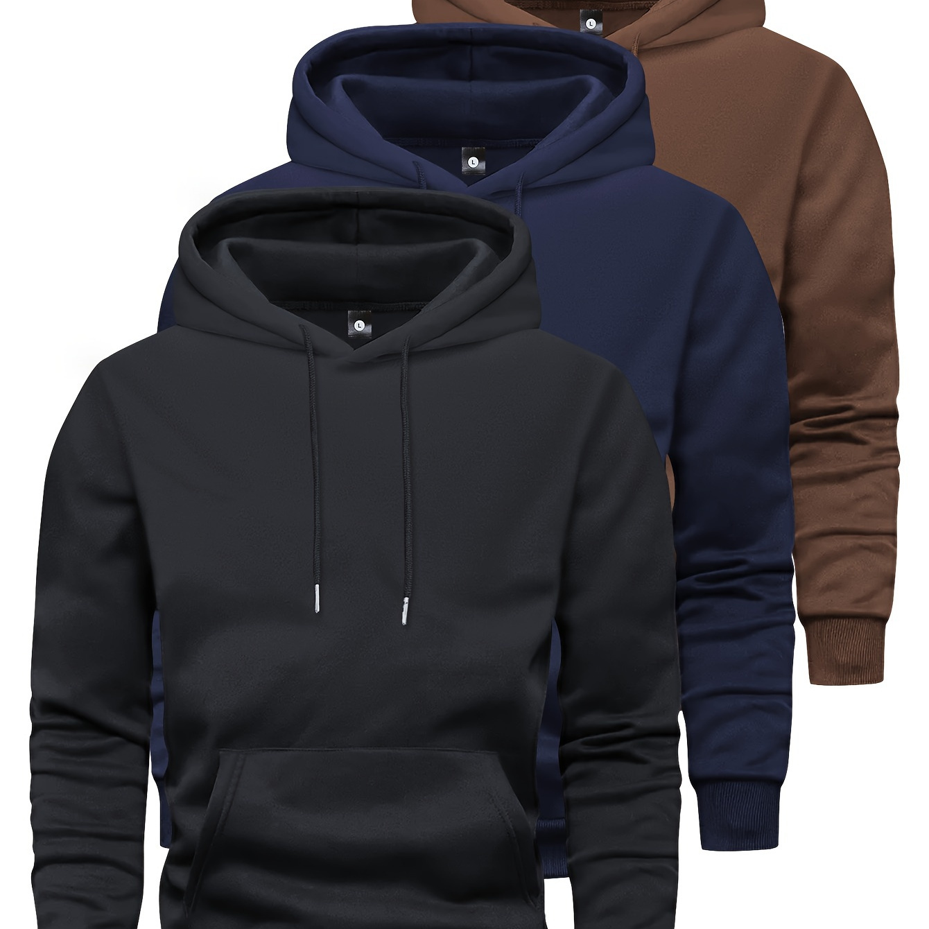 

Men's 3-pack Casual Pullover Hoodies With Kangaroo Pocket, 100% Polyester Solid Color Hooded Sweatshirts With Slight Stretch, Long Sleeve Knit Sweatshirts Outdoor Running & Jogging