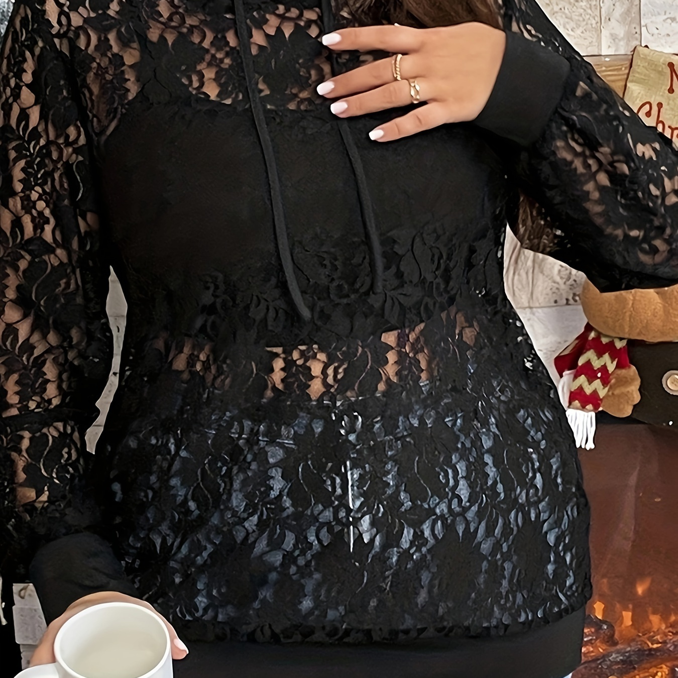 Plus Size Sexy Sweatshirt, Women's Plus Floral Lace Long Sleeve Semi Sheer Drawstring Hoodie