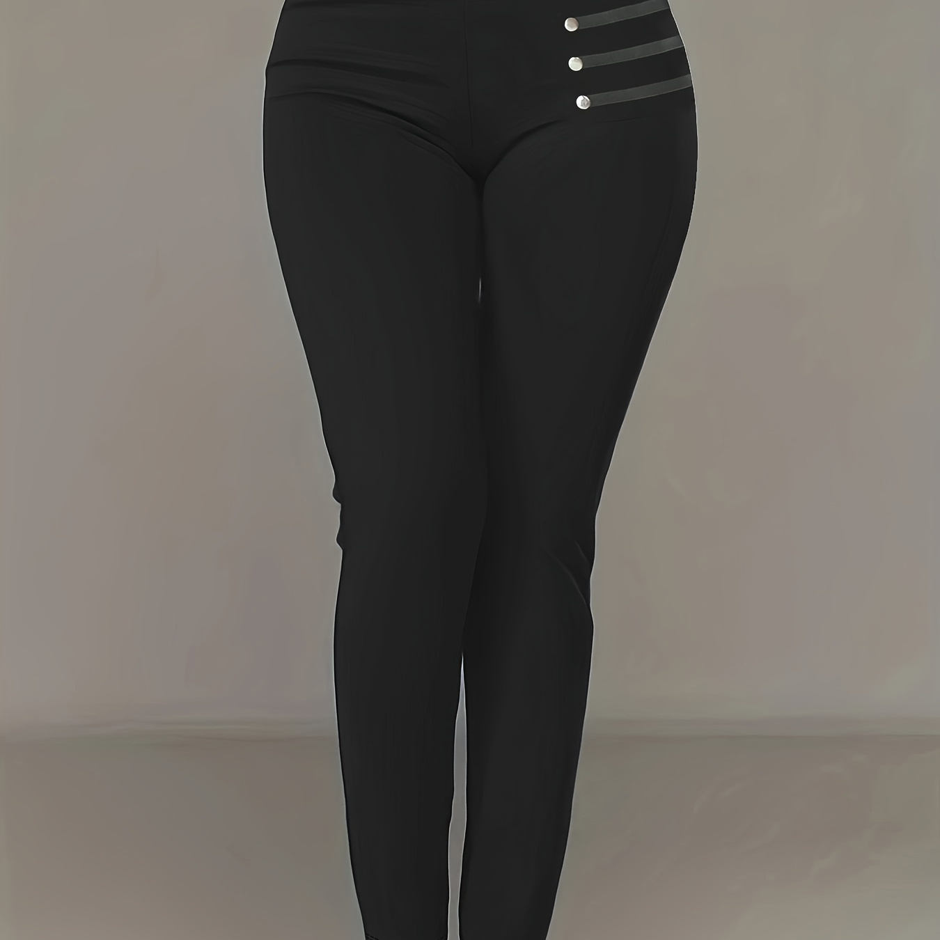 

Plus Size Button Decor Solid Skinny Leggings, Casual Every Day Stretchy Leggings, Women's Plus Size Clothing