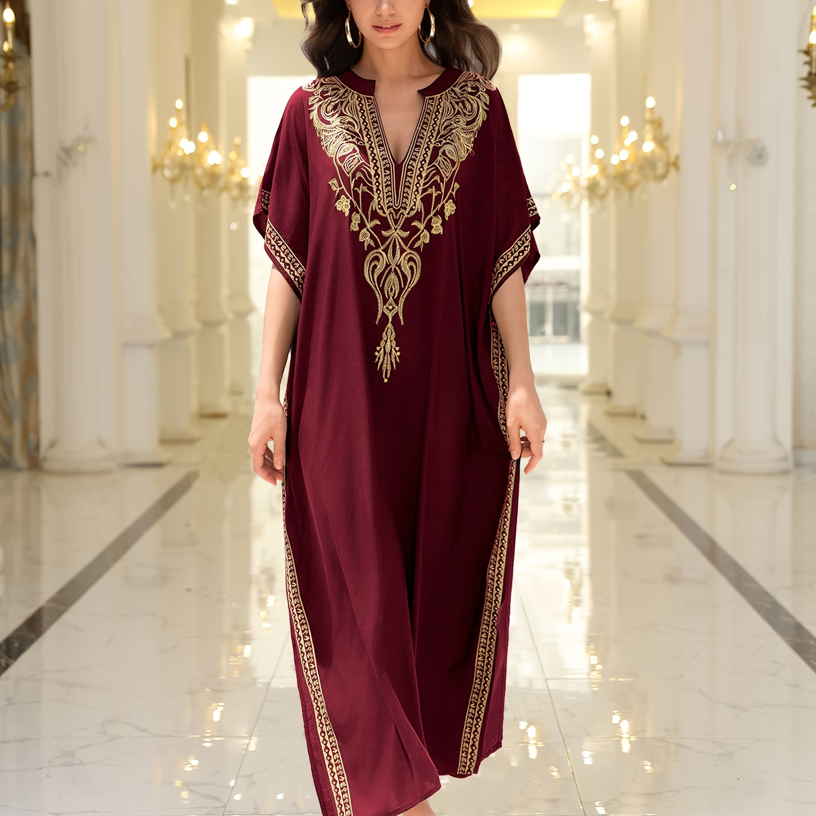 

EDOLYNSA Robe Kaftan brodée à col en V grande taille, Robe de plage décontractée à manches courtes fendues sur le , Tissu en viscose non extensible, pour /été/automne - Q1735