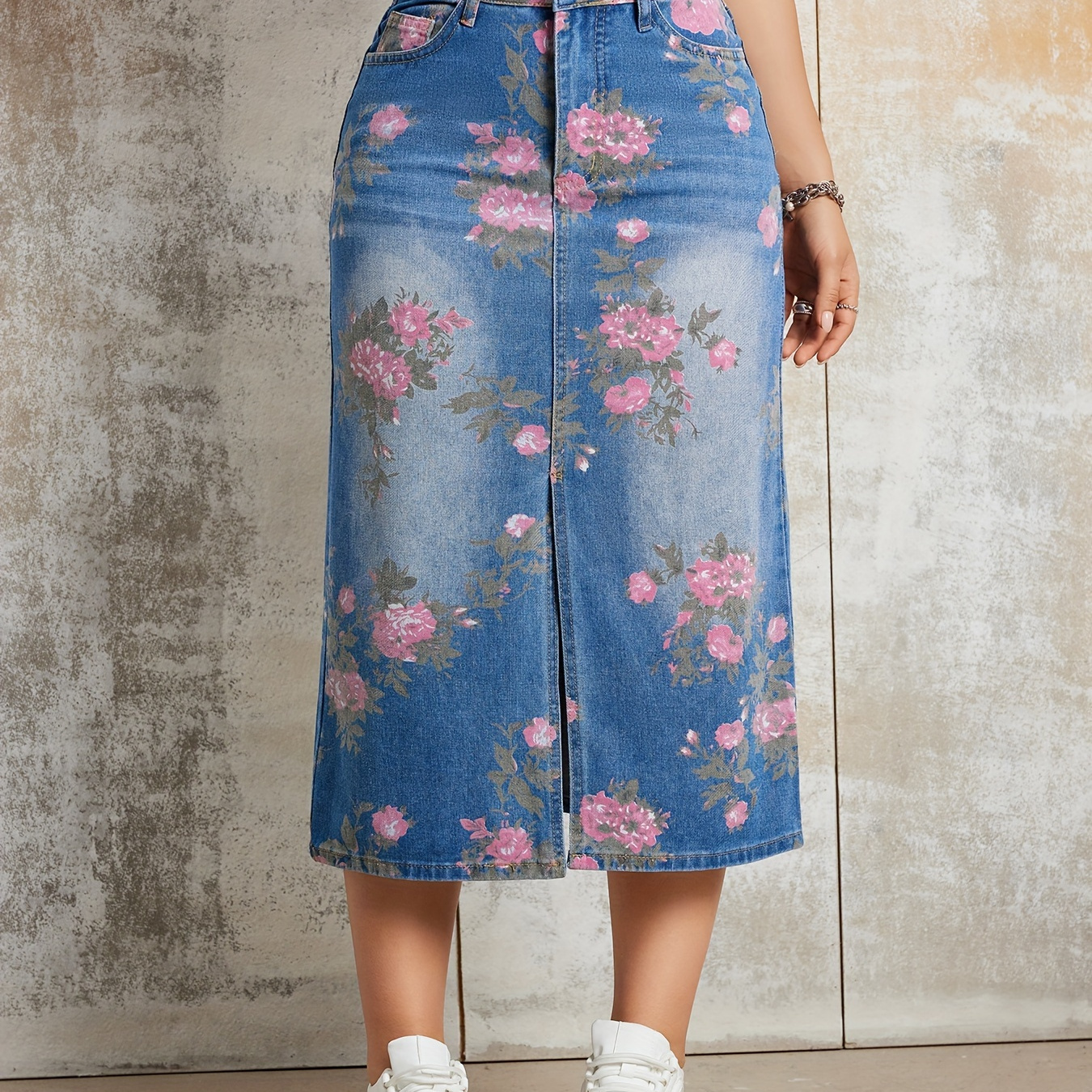 

Retro Style Floral Print Midi Denim Skirt, Split High Rise Elegant Denim Skirt, Women's Denim Jeans & Clothing