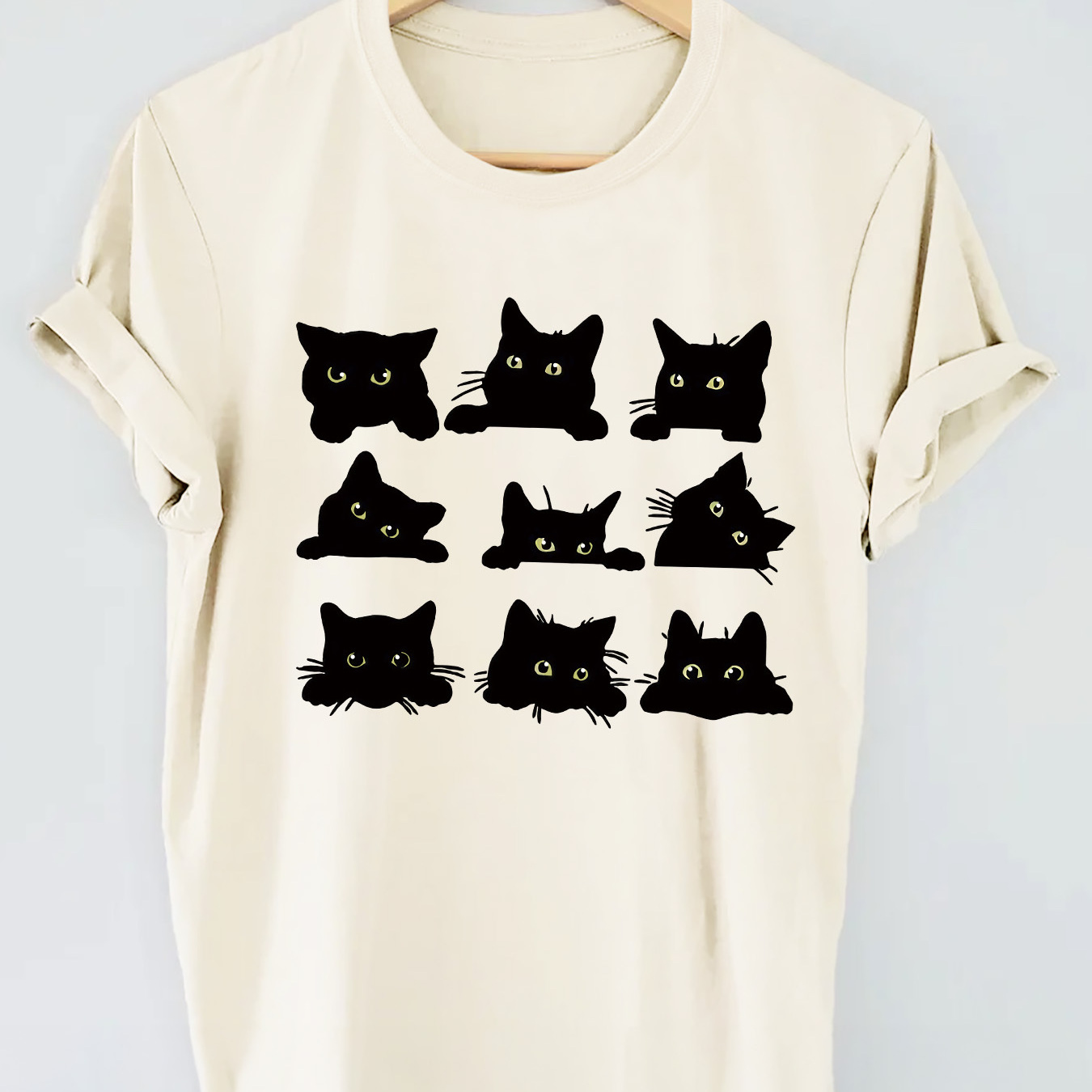 

Cats Graphic Print Knitted T-shirt, Short Sleeve Crew Neck Casual Top For Summer & Spring, Women's Clothing