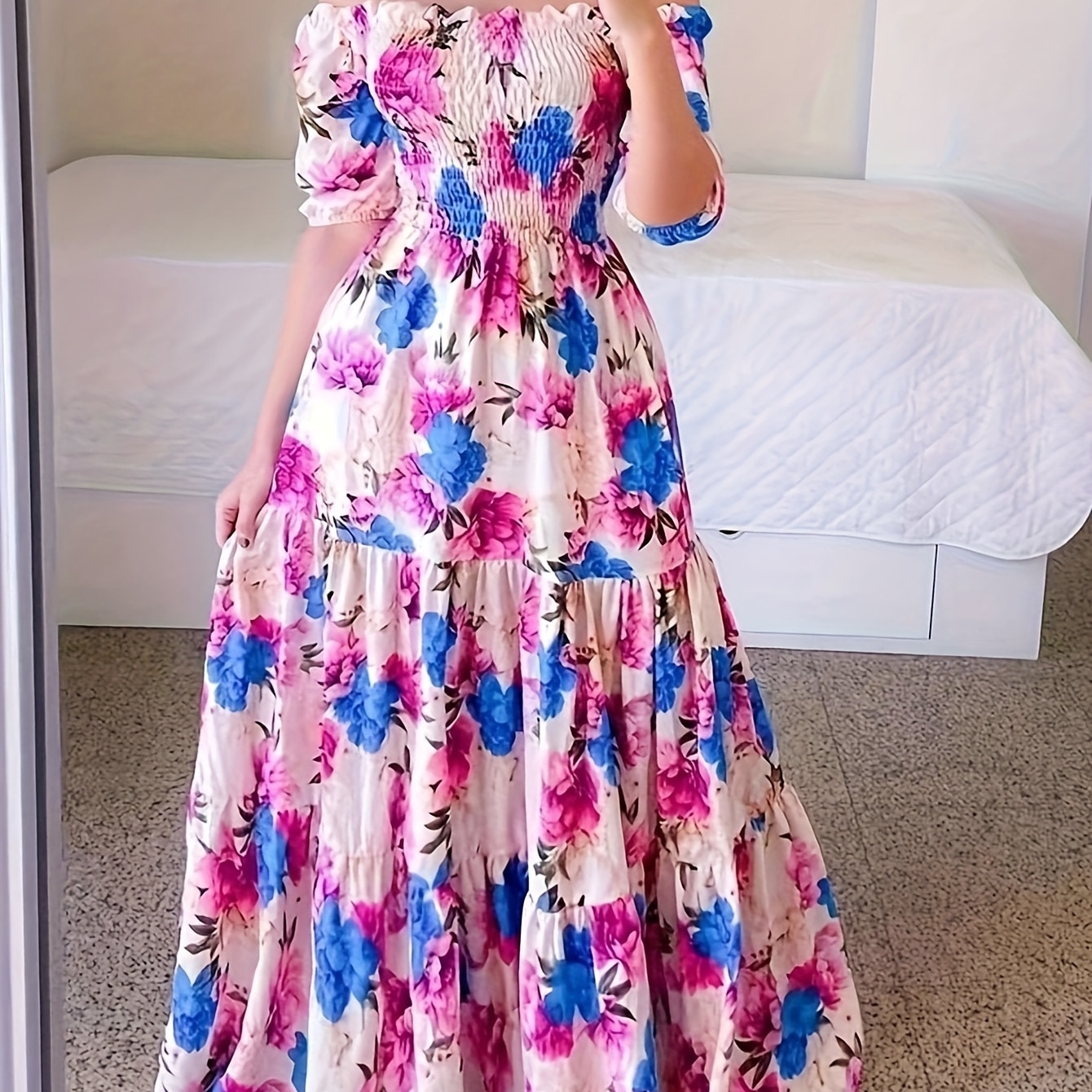 

Floral Print Off Shoulder Aline Dress, Elegant Ruffle Hem Maxi Swing Dress For Spring & Summer, Women's Clothing