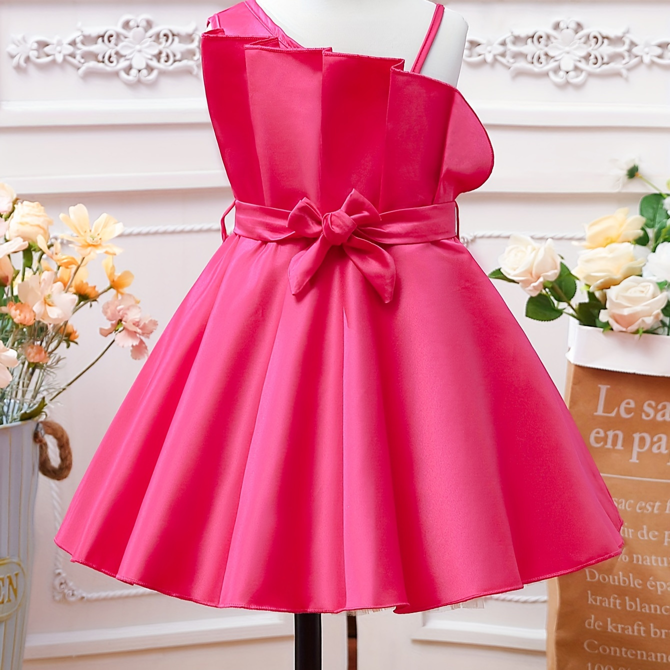 

Girls Sweet Gown Dress Solid Color Woven One-shoulder Formal Dress For Holiday Party Wear With Belt