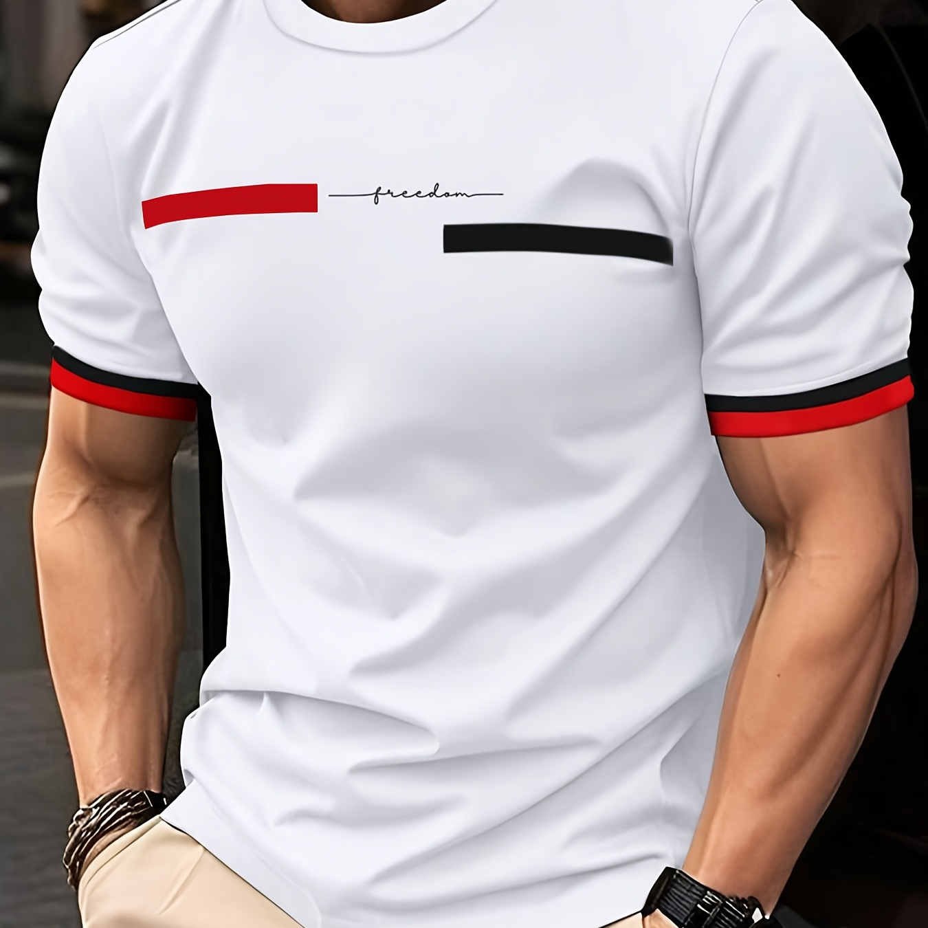 

1pc Men's Summer Casual Sports T-shirt With Letter Print And Cuffs, Crew Neck, Knit Polyester Fabric, Stretch, For Running, Hiking, - A878