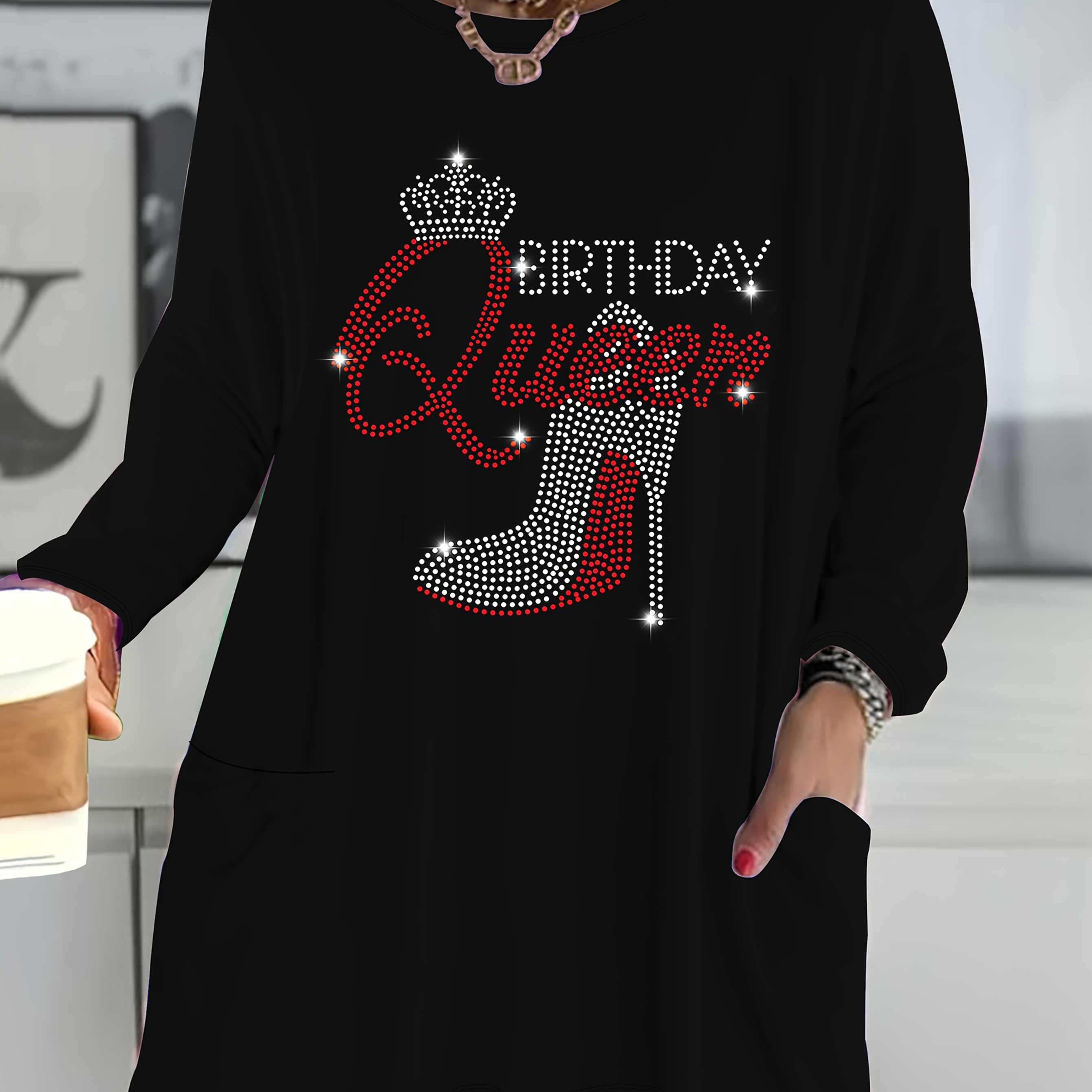 

Plus Size Women's Casual With Red Rhinestone High Heels & "birthday Queen" Design, Long Sleeve, Round Neck With Pockets - Stretchy Polyester , Machine Washable, Plus Size T Shirts