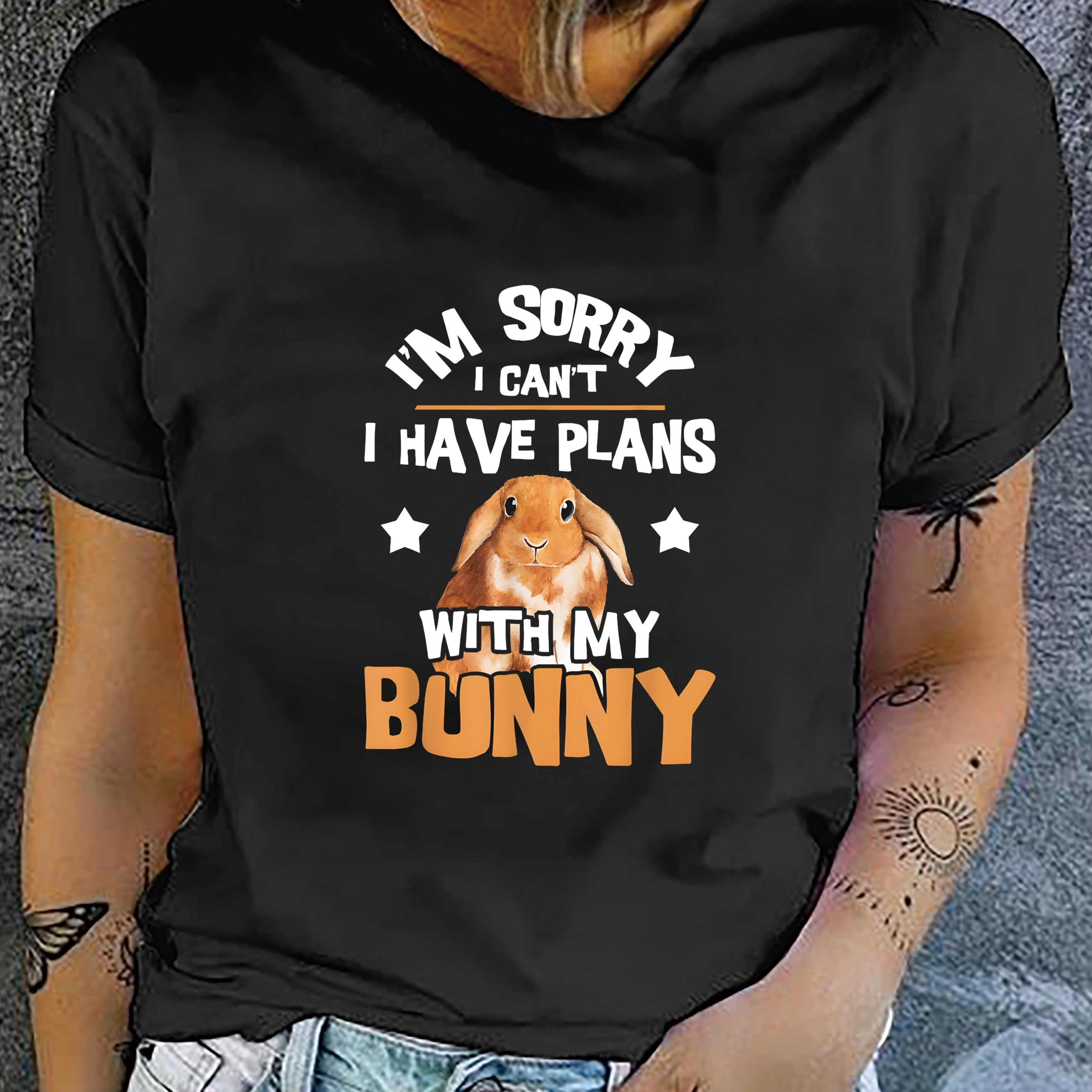 

Bunny Print T-shirt, Short Sleeve Crew Neck Casual Top For Summer & Spring, Women's Clothing