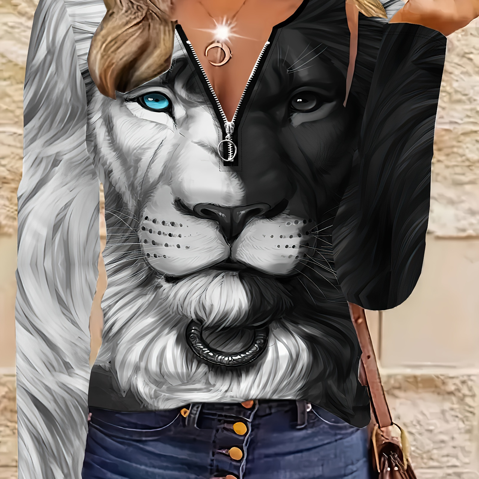 

Women's Casual 3d Lion Print Long Sleeve T-shirt, Color Round Neck Zipper Top, Polyester Knit Fabric, Spring/autumn