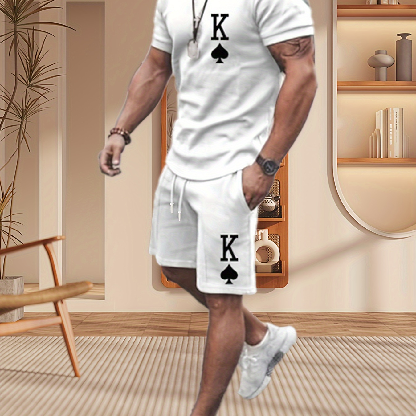 

2 Pcs Men's Color Block K Letter Print Crew Neck Short Sleeve T-shirts & Elastic Waist Shorts Pajama Set, Comfortable & Skin-friendly Style Pajamas For Men's Cozy Loungewear
