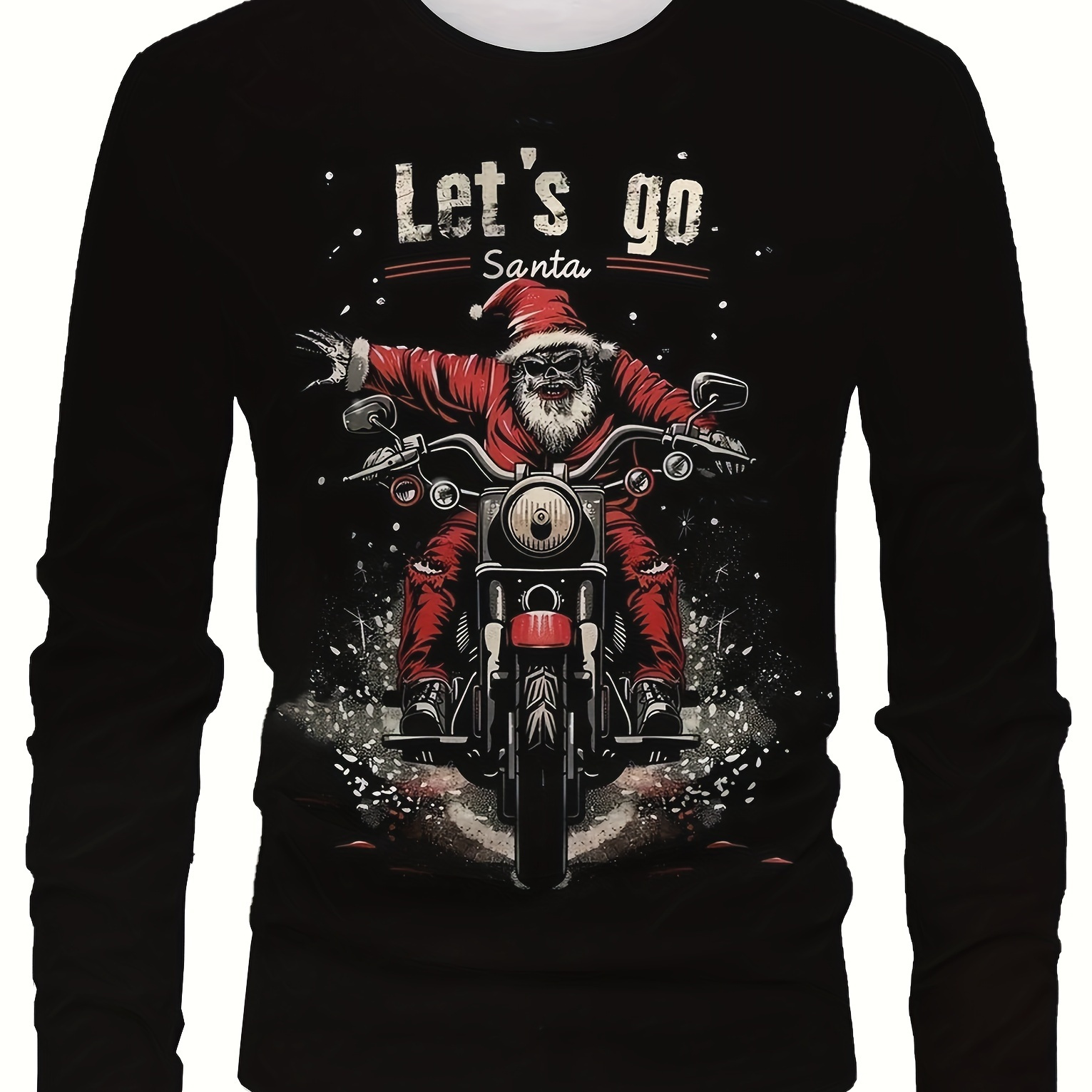 

Men's Santa Claus Riding A Motorcycle Pattern Print Stretch Crew Neck Long Sleeve, Trendy Comfortable Clothing For Autumn And Winter