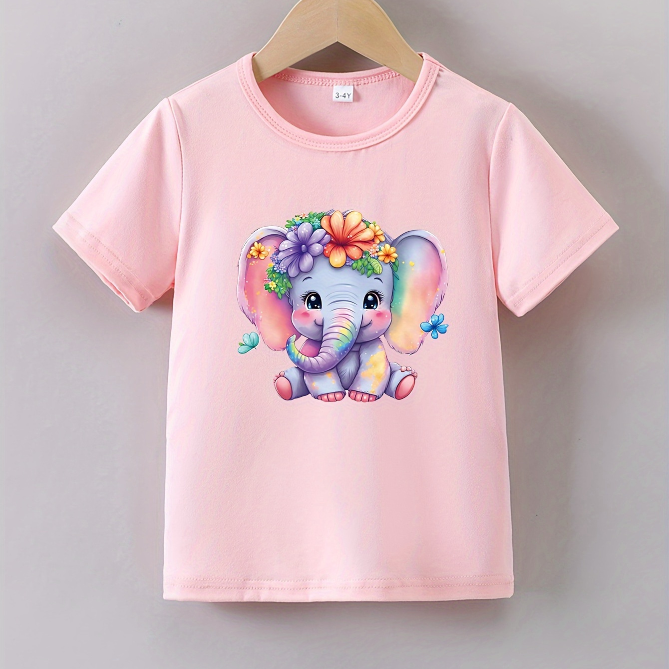 

Cute Cartoon Elephant With Flowers Graphic Print For Girls, Casual Crew Neck Short Sleeved T-shirt, Comfy Top Pullover For Summer