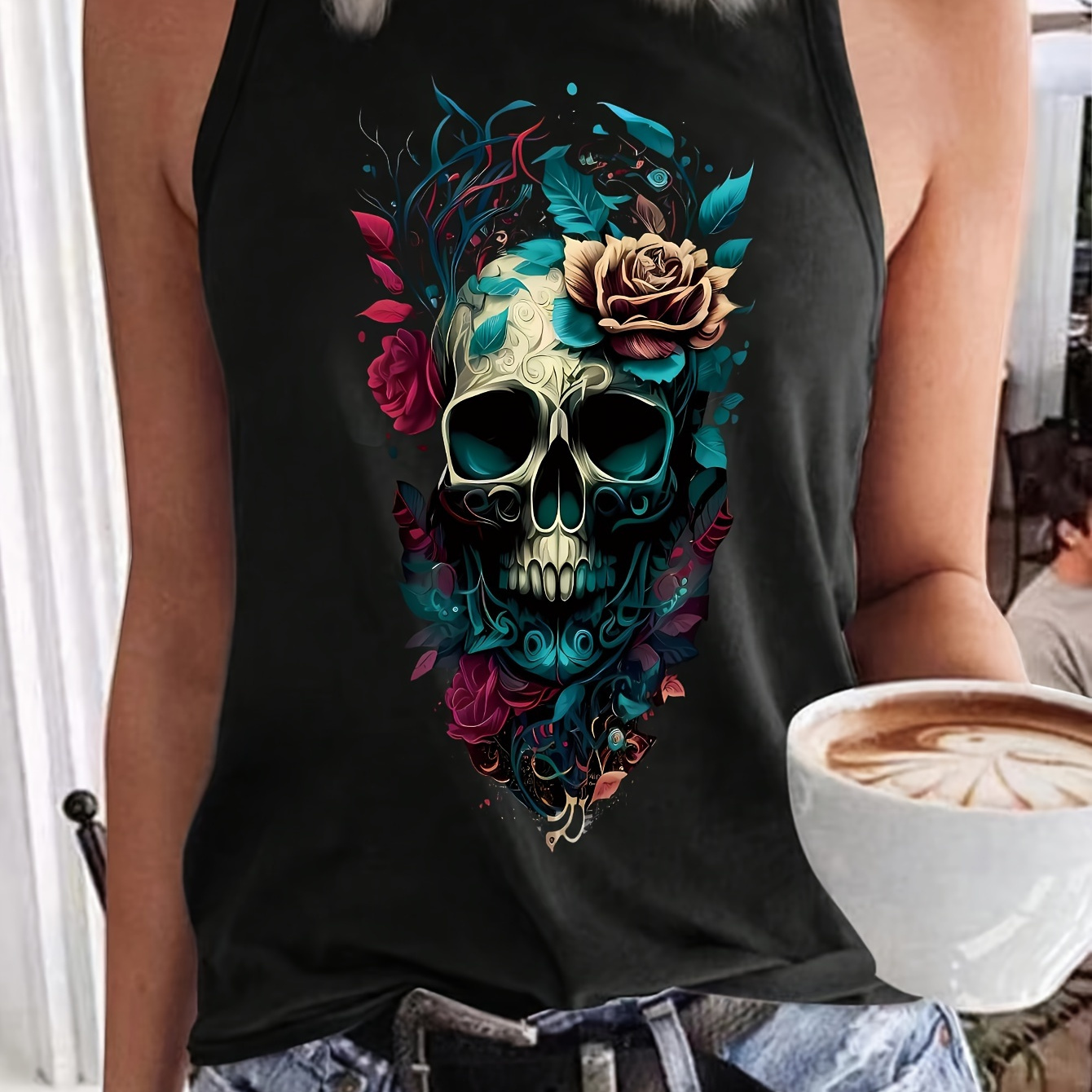 

Women's Plus Size Casual Tank Top - Skull & Floral Print, Crew Neck, Semi-sheer Polyester, Machine Washable - Summer