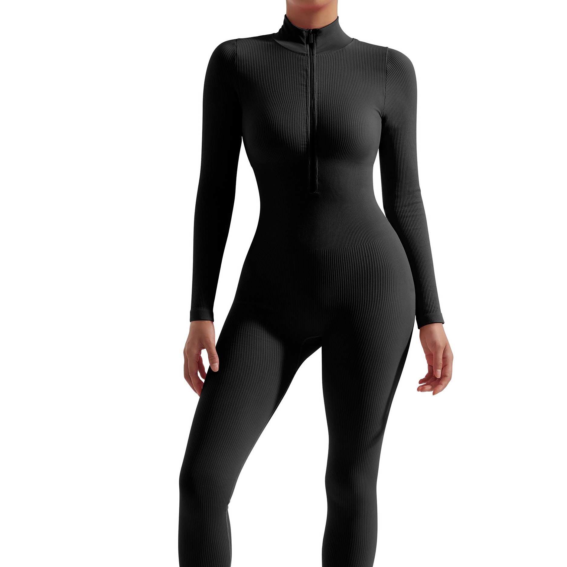 

Women's Long Sleeve Front Zip Ribbed Turtleneck Jumpsuit, Sporty Yoga Bodysuit For Workout And Fitness