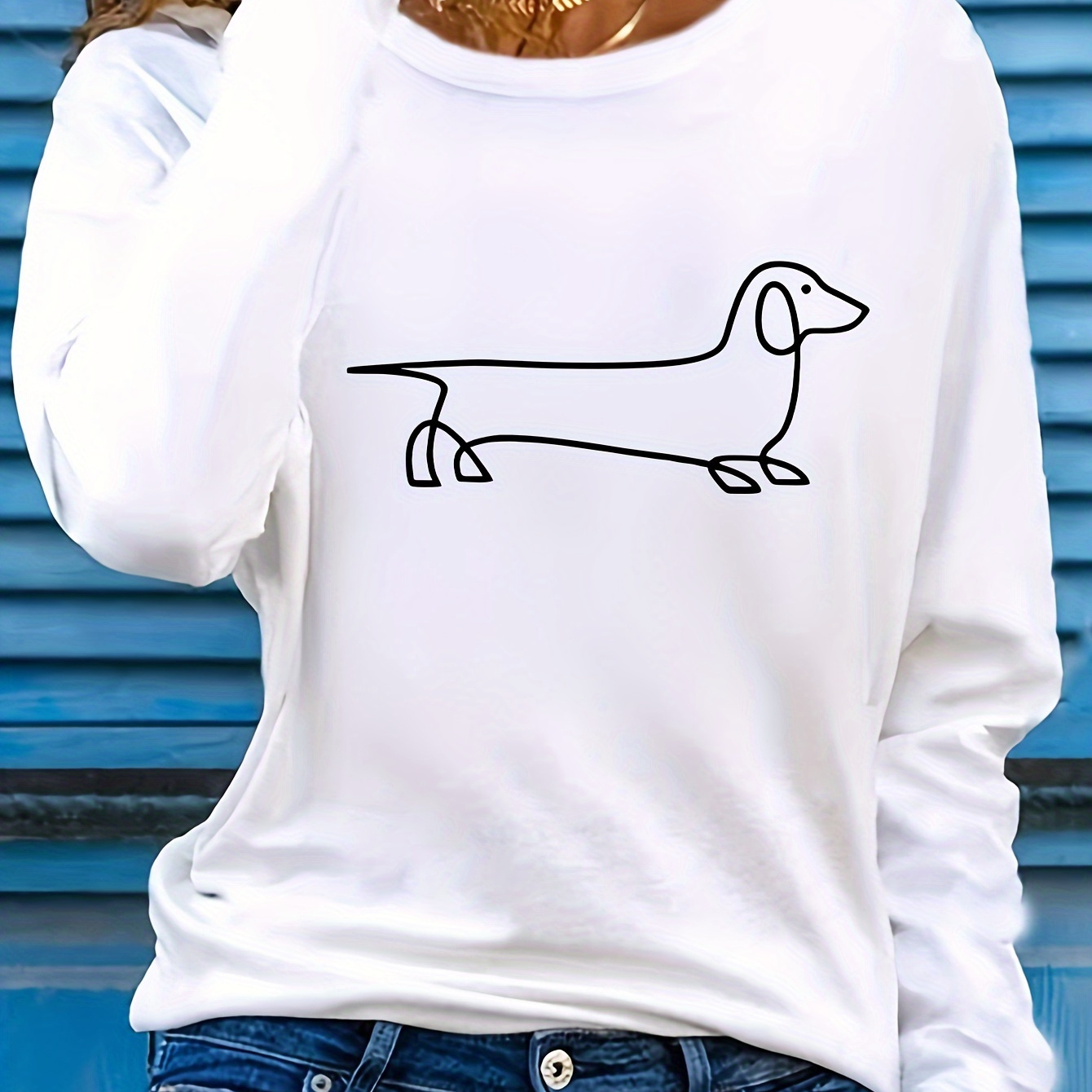 

Women's Casual Long Sleeve Crew Neck T-shirt With Dachshund Drawing, 100% Polyester Knit Fabric, Medium Stretch, Regular Fit, All Season Pullovers - Black