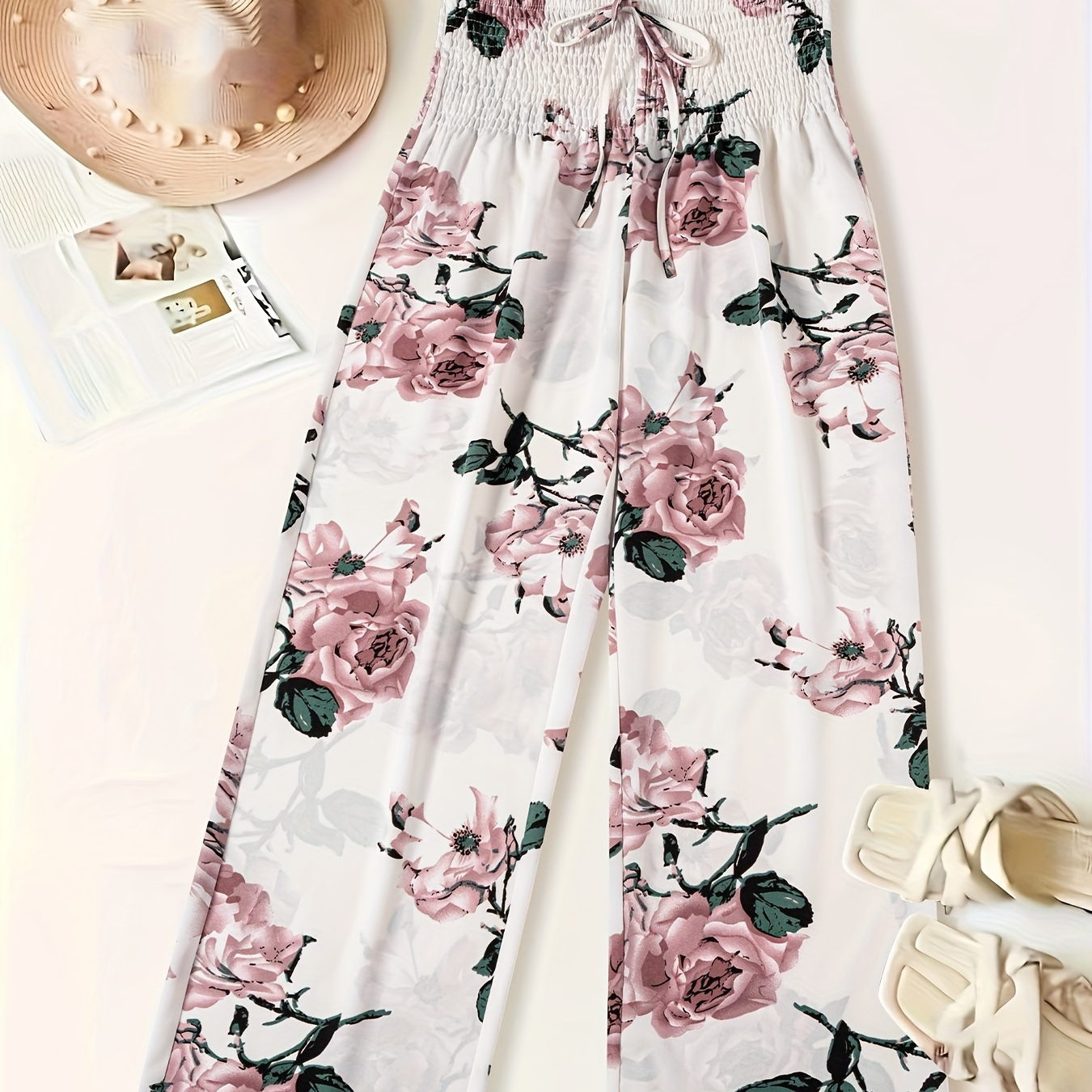 

Women's Floral Print Wide Leg Pants, Casual Polyester Trousers With Drawstring, Fashion, Adult Sizes, Woven Fabric