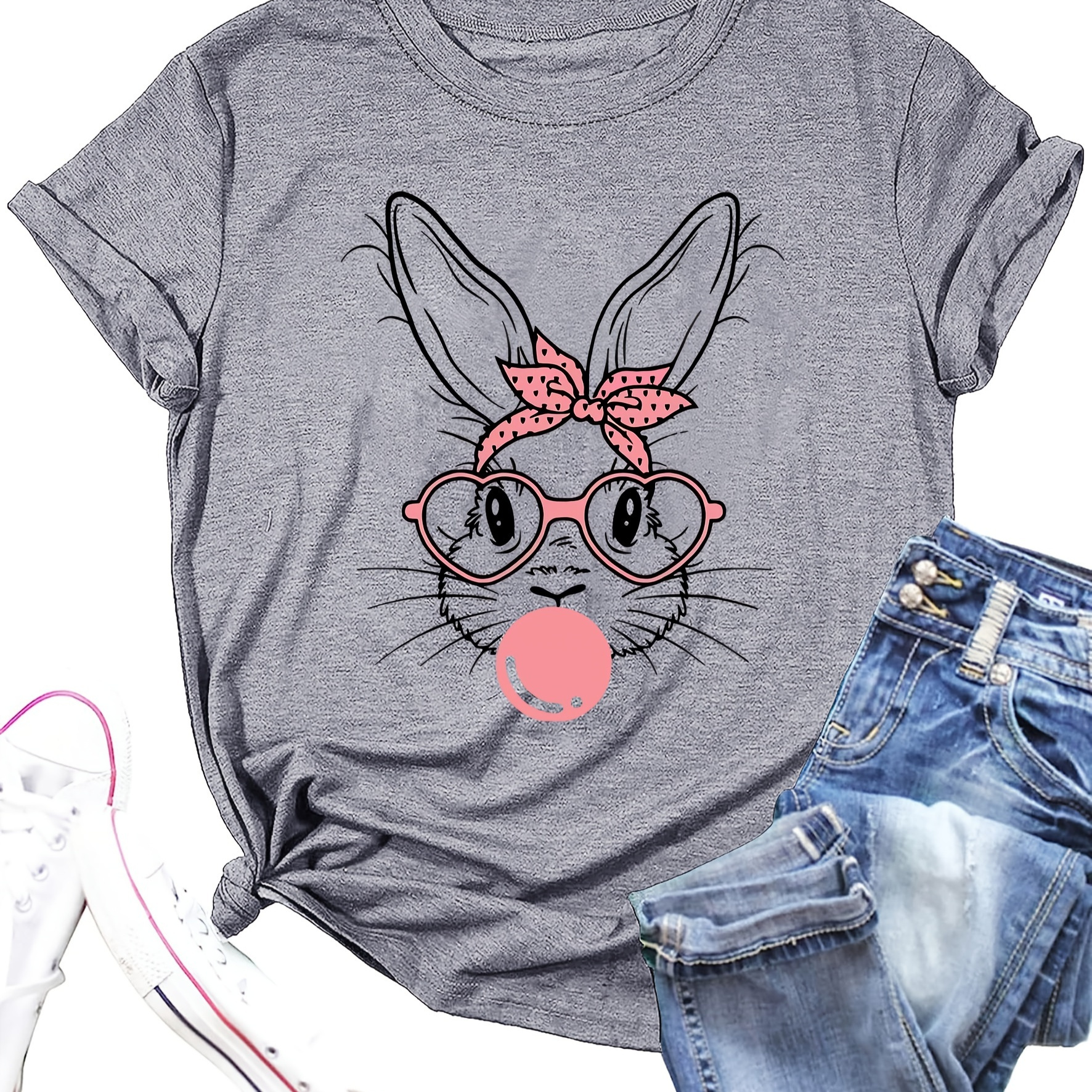 

Bunny Print Crew Neck T-shirt, Casual Short Sleeve T-shirt For Spring & Summer, Women's Clothing