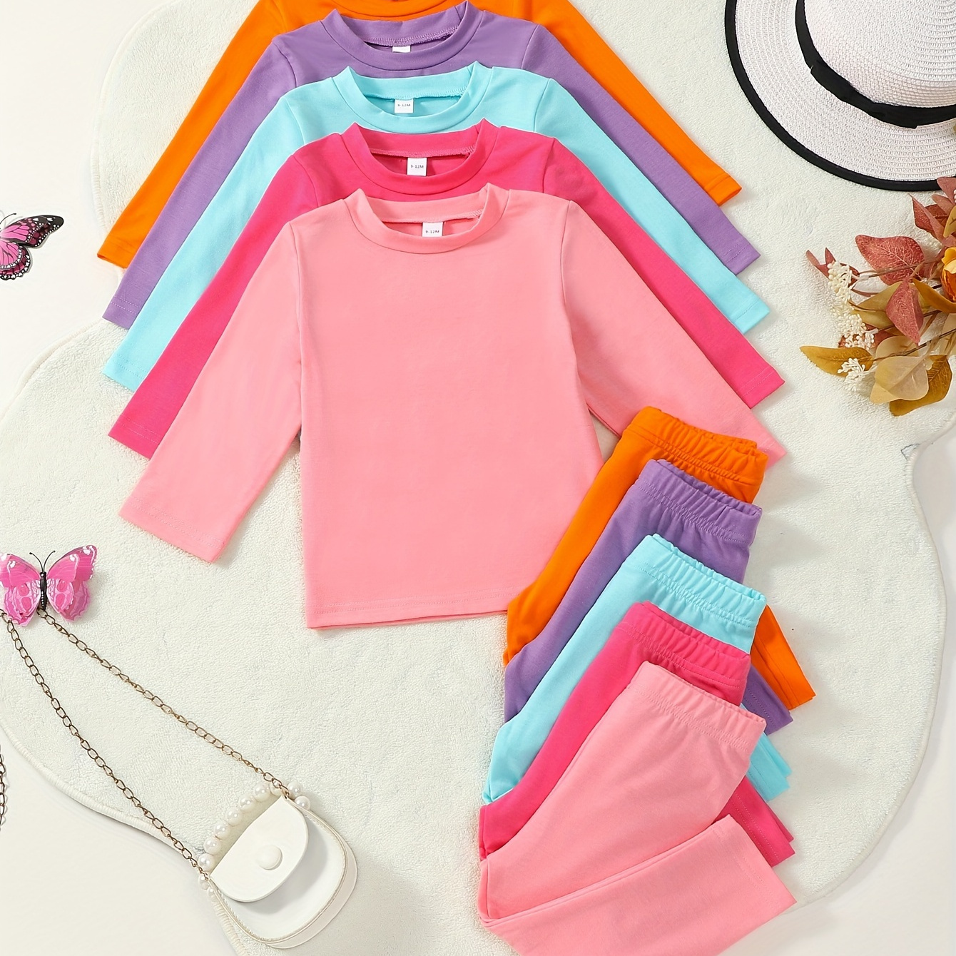 

Girls' 5pcs Breathable Casual Outfit Set - Long Sleeve Tops & Waist Pants, Toddlers'