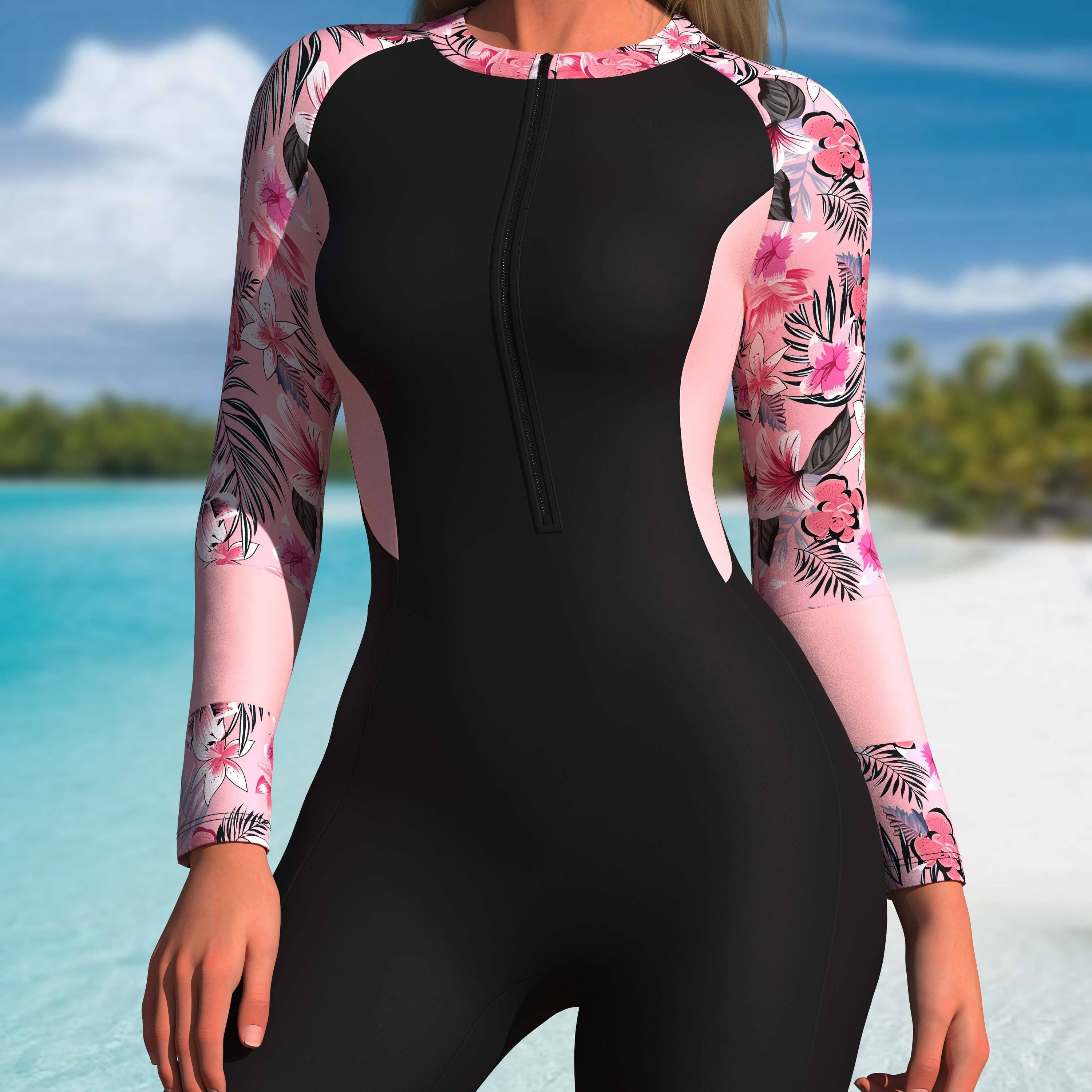 

Tropical Print One-piece Swimsuit, Long Sleeves Round Neck Slimming Bathing Suits, Women's Swimwear & Clothing