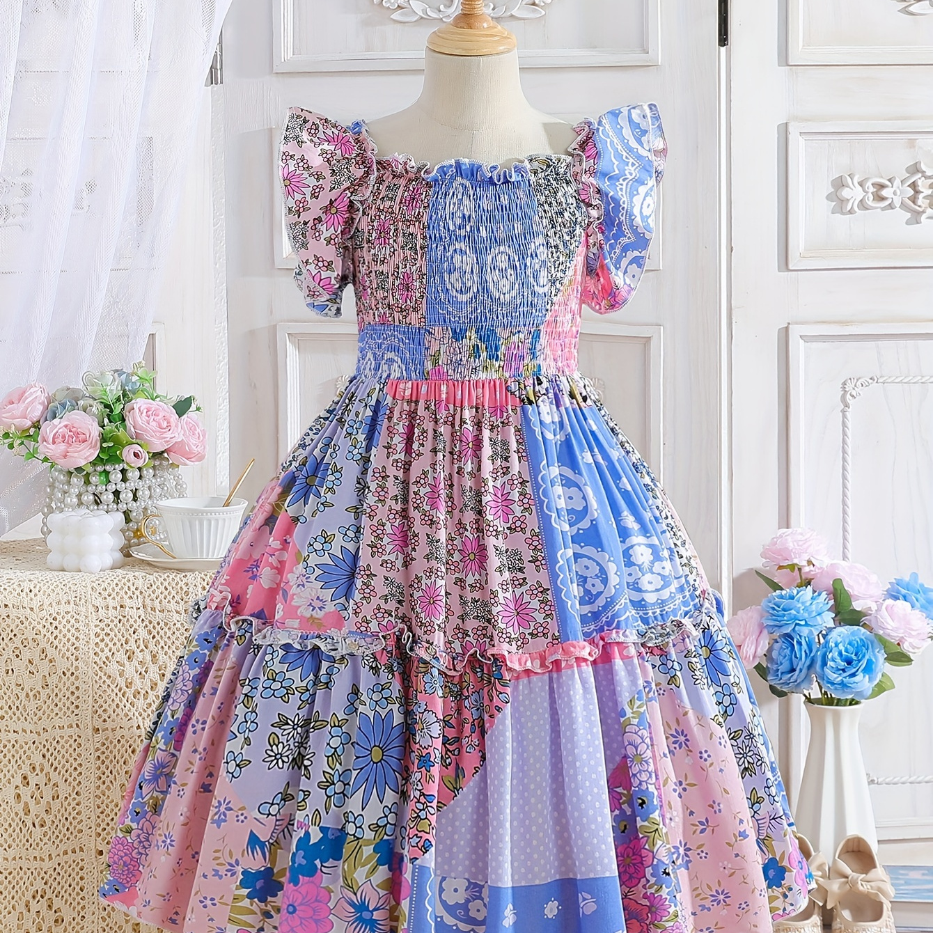 

Girls Color Spliced Flounce Sleeve Princess Dress - Ideal For Holiday Summer Gift