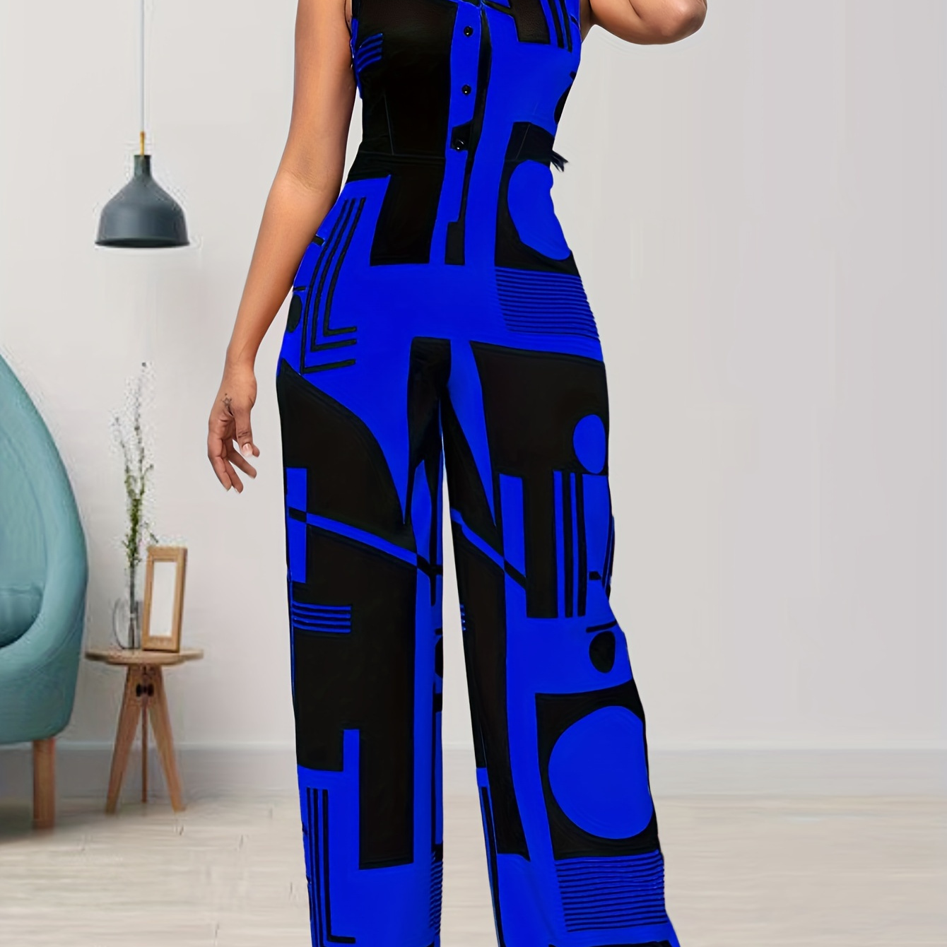 Graphic Print Sleeveless Jumpsuit, Casual V Neck Wide Leg Jumpsuit, Women's Clothing