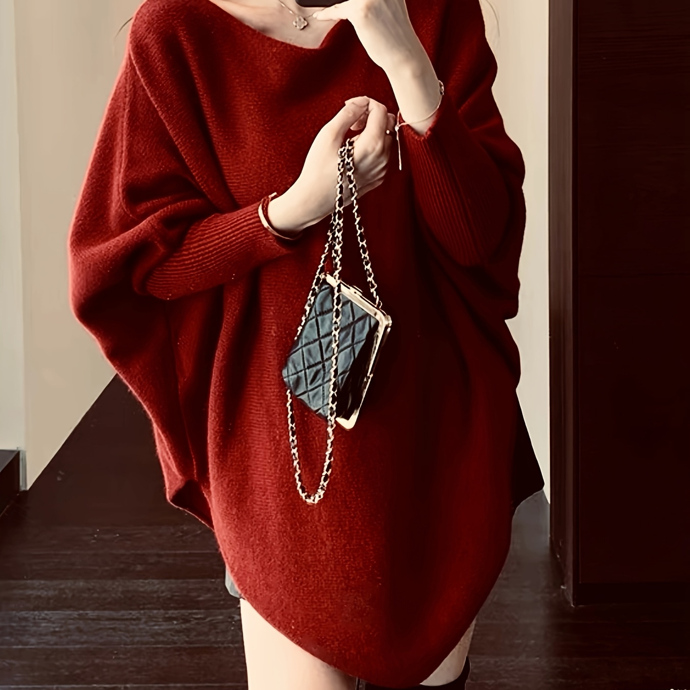 

Women's Y2k Off-shoulder Knit Top, Red Lazy Style Long Sleeve Sweater With Batwing Irregular Hem, Acrylic 24%, Modal 24%, Nylon 52% For Fall/winter - 500g/m² Heavyweight Knit Fabric