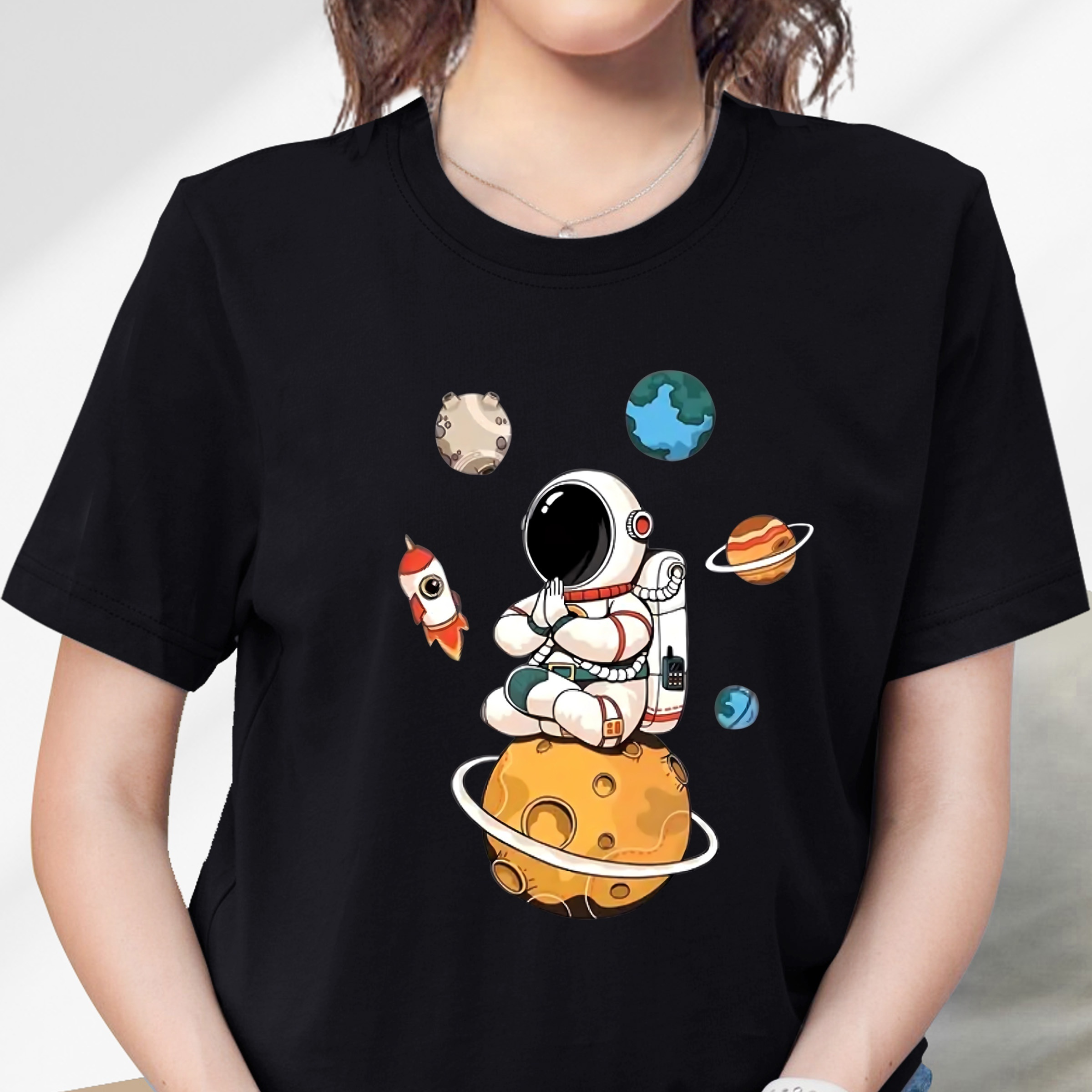 

Cartoon Astronaut Print Short Sleeves Casual Tops, Round Neck Versatile Sports T-shirt, Women's Activewear