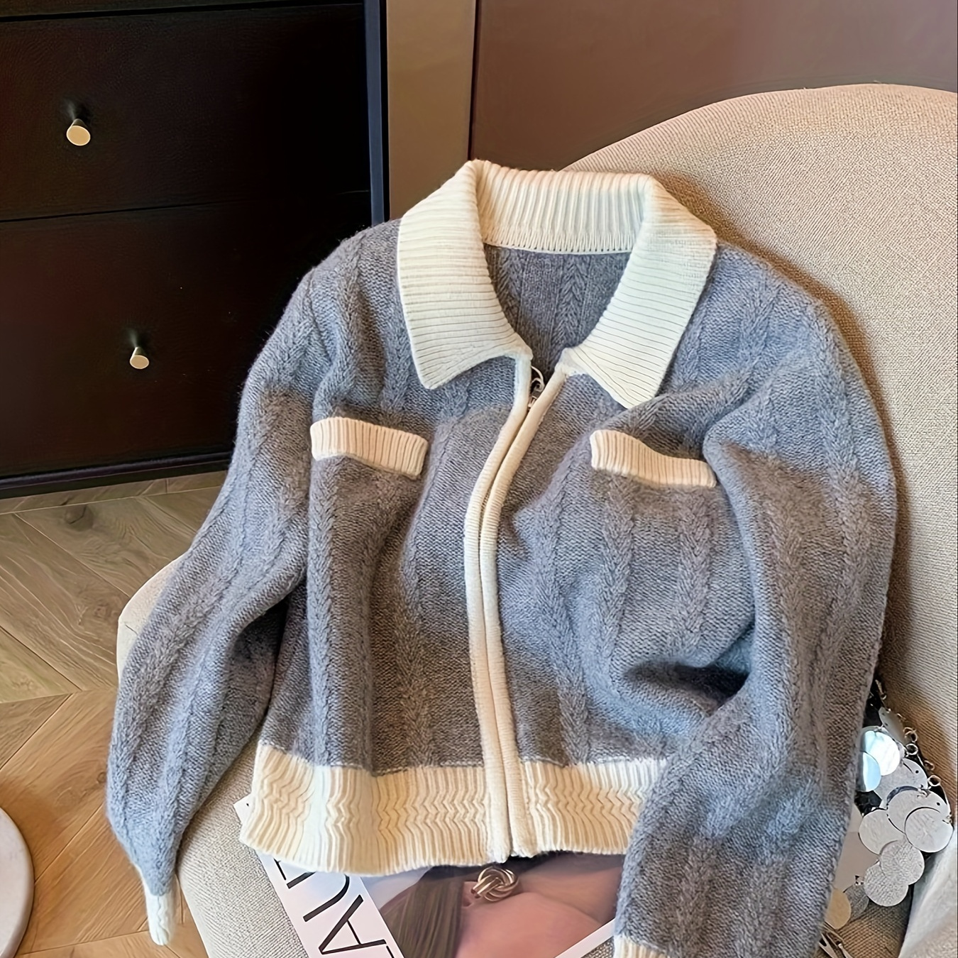 

Cardigan à col lapin chic pour femmes - Tissu tricoté 100% polyester, pull zip solide couleur unie avec manches régulières, élasticité moyenne, détail de poches fake, collection printemps/automne