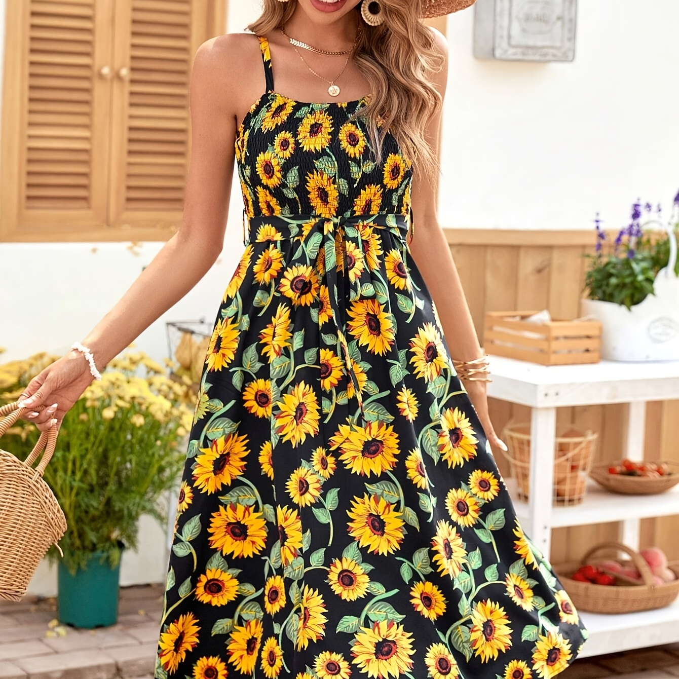 ハーリップトゥ Sunflower-Printed Midi Dress Shipping in mid-July] [New color] Sunflower-Printed Midi Dress