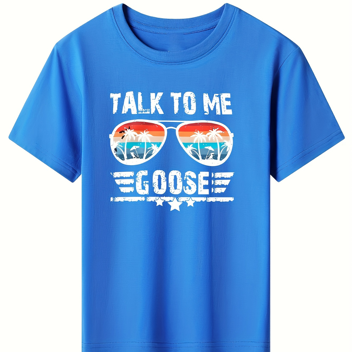 

Talk To Me Goose & Sunglasses Graphic Print, Boys' Casual & Comfy Short Sleeve Crew Neck Cotton Tee For Spring & Summer, Boys' Clothes