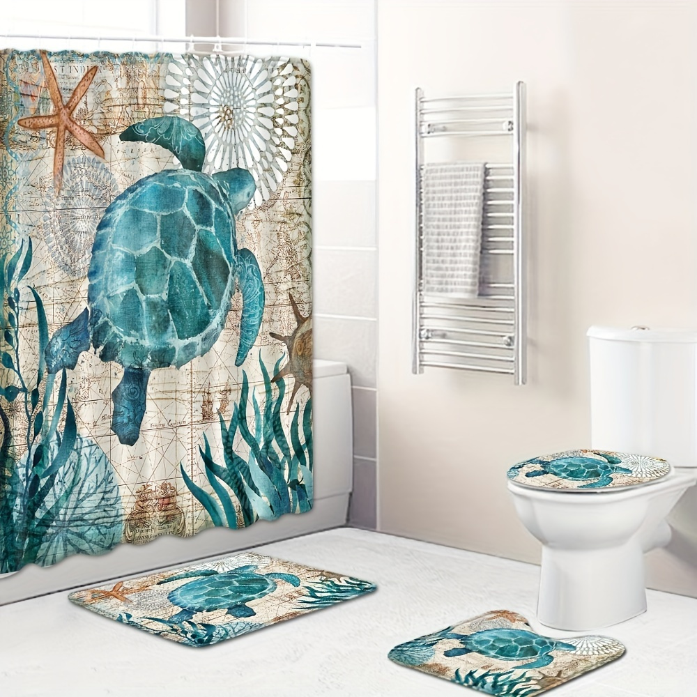 

1pc Sea Turtle Waterproof Shower Curtain And Blanket, Shower Curtain With 12 Hooks, Bathroom Floor Blankets And Toilet Lid Cover, Modern Bathroom Decor