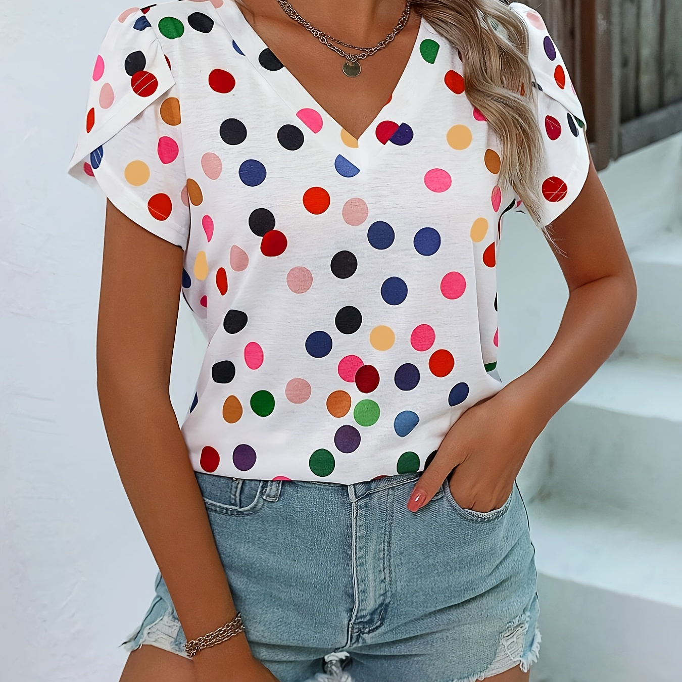 

Colorful Dot V Neck T-shirt, Casual Petal Sleeve Top For Spring & Summer, Women's Clothing