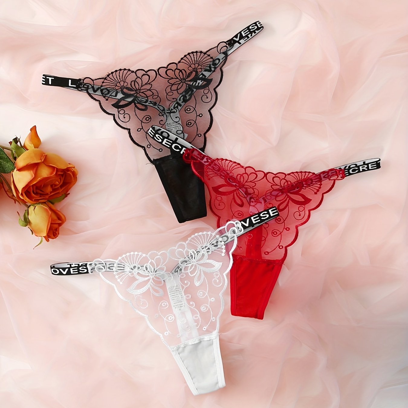 

3pcs Floral Lace Mesh Thongs, Sheer Letter Tape Intimates Panties, Women's Lingerie & Underwear