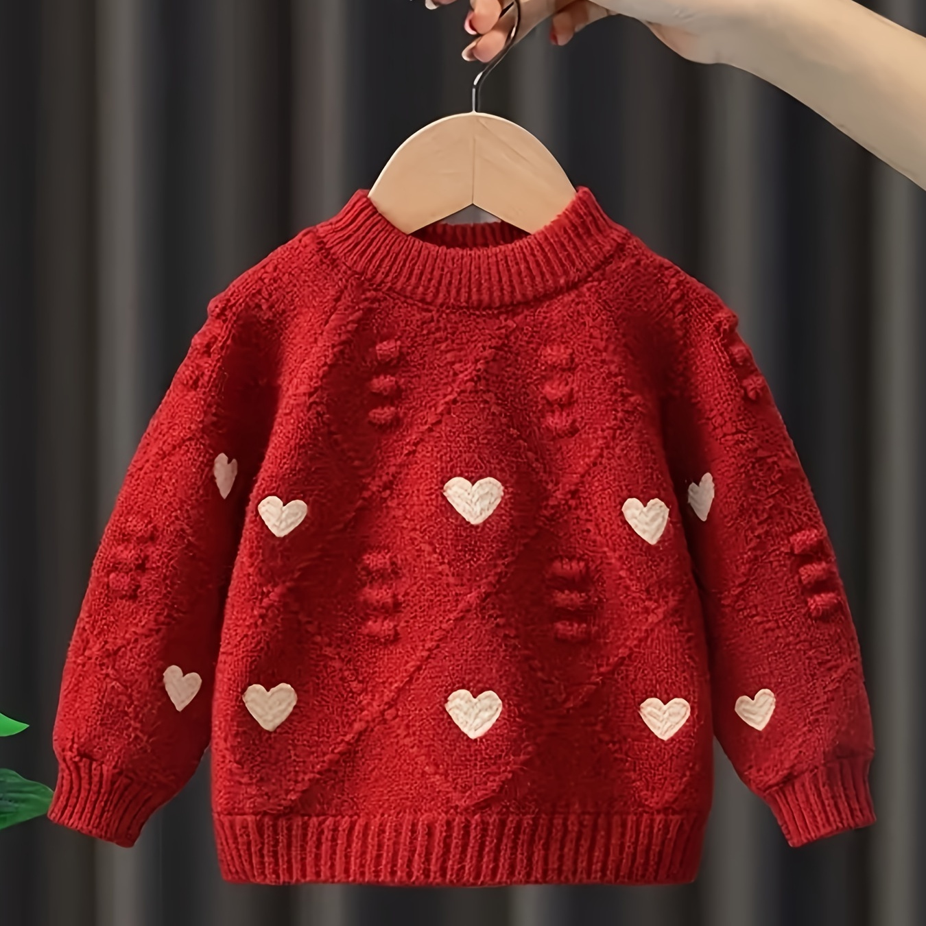 

Hearts Pattern Cable Knit Sweater For Baby Girls