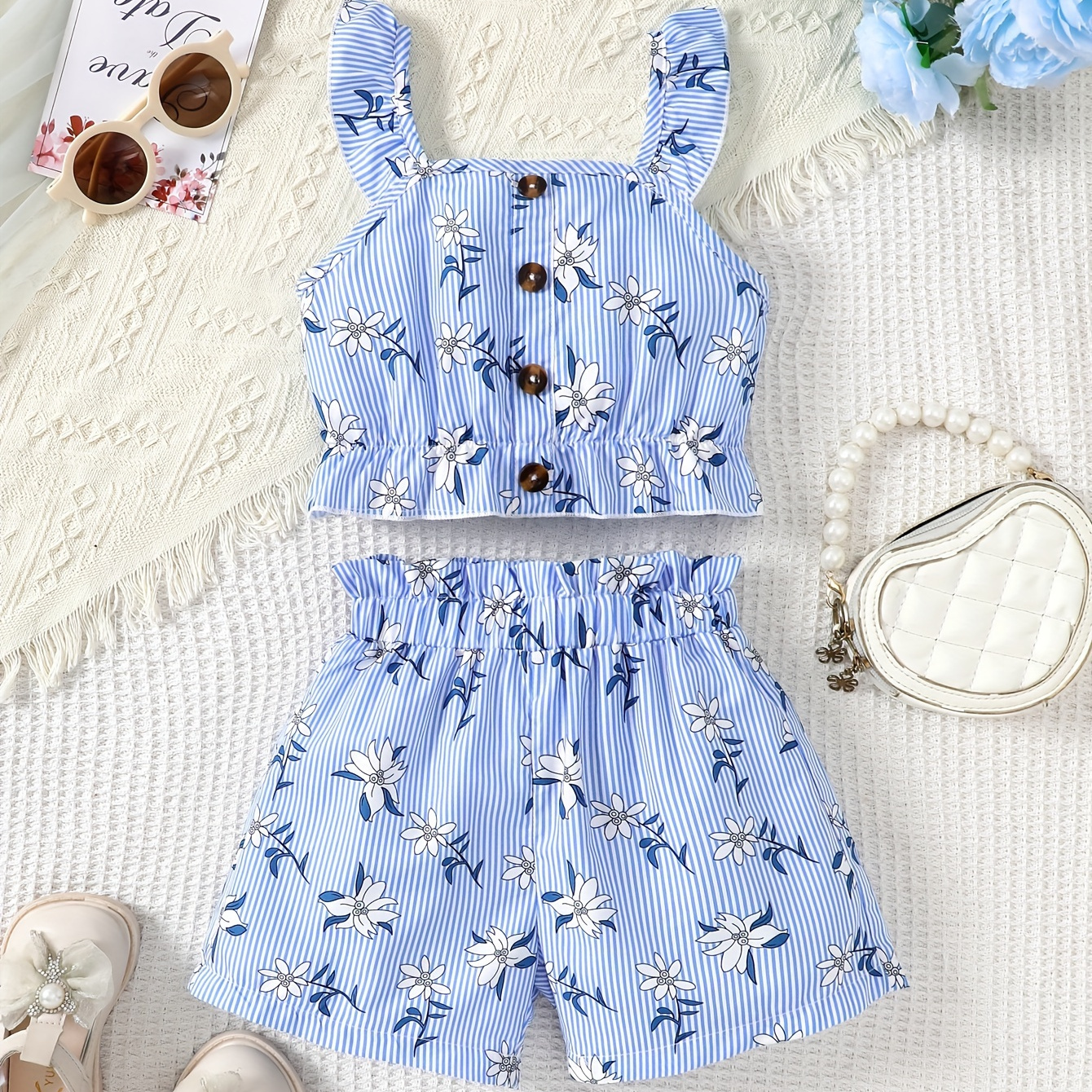 

Girl's Suspender Floral Print Top + Shorts, Summer Leisure Vacation Two-piece Set