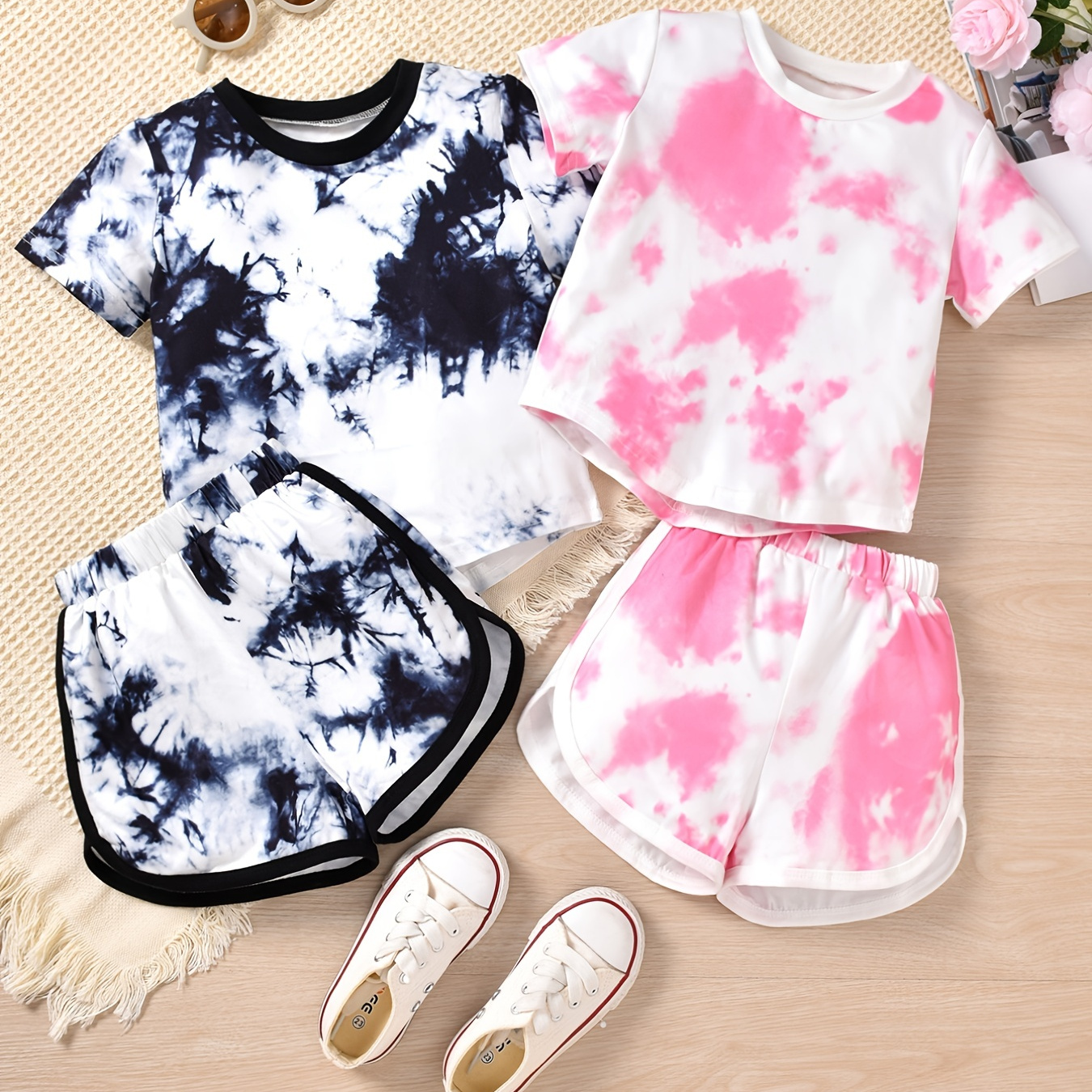 

Girls Round Neck T-shirts Tie Dye Short Sleeve Tees Top & Elastic Waist Shorts Twins Set Kids Summer Clothes