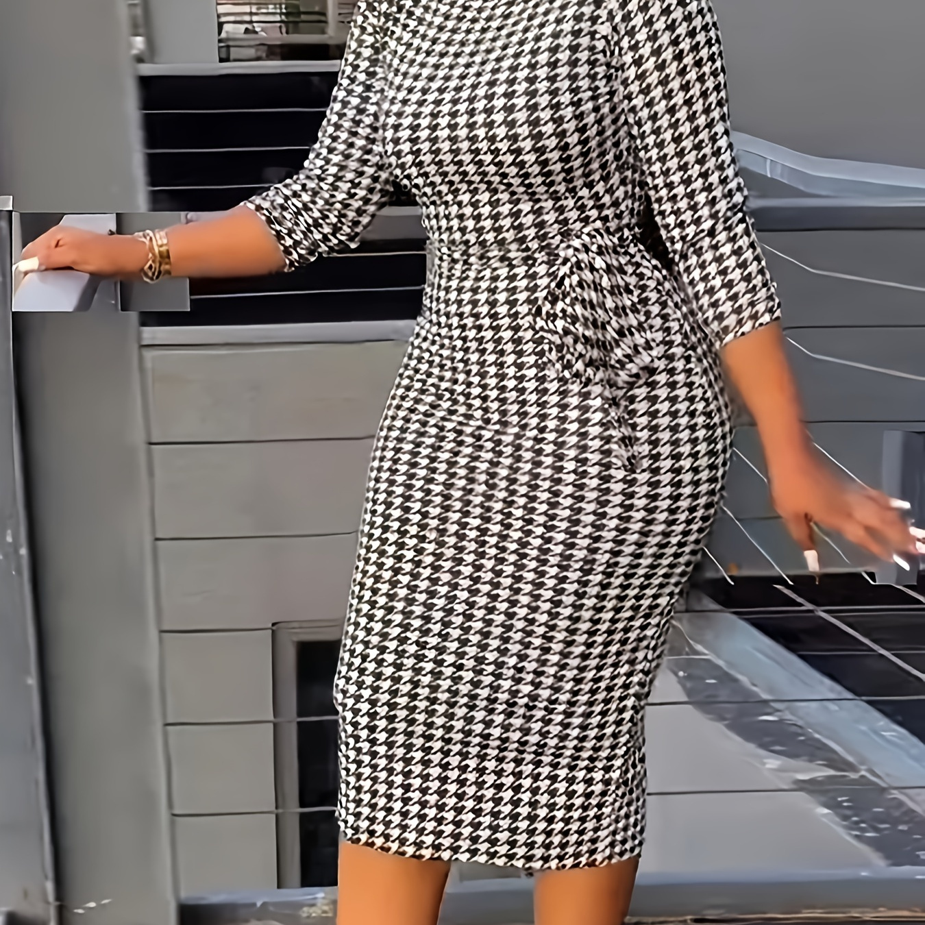 

Houndstooth Print Split Dress, Casual 3/4 Sleeve Bodycon Dress, Women's Clothing