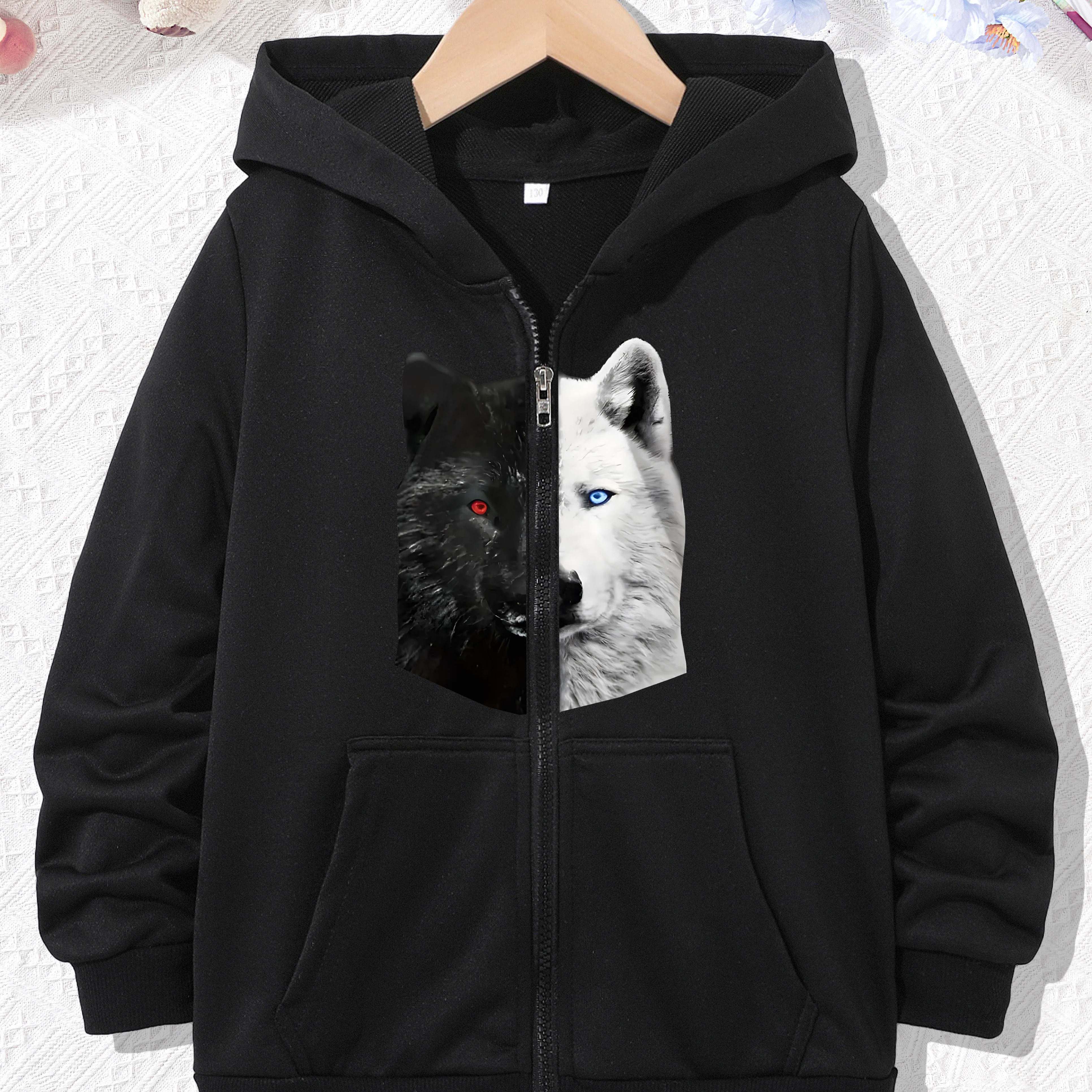 

Boys Girls Zip-up Trendy Wolf Graphic Hoodie, Pockets Front Loose Comfy Casual Jacket Sweatshirt For Spring Fall