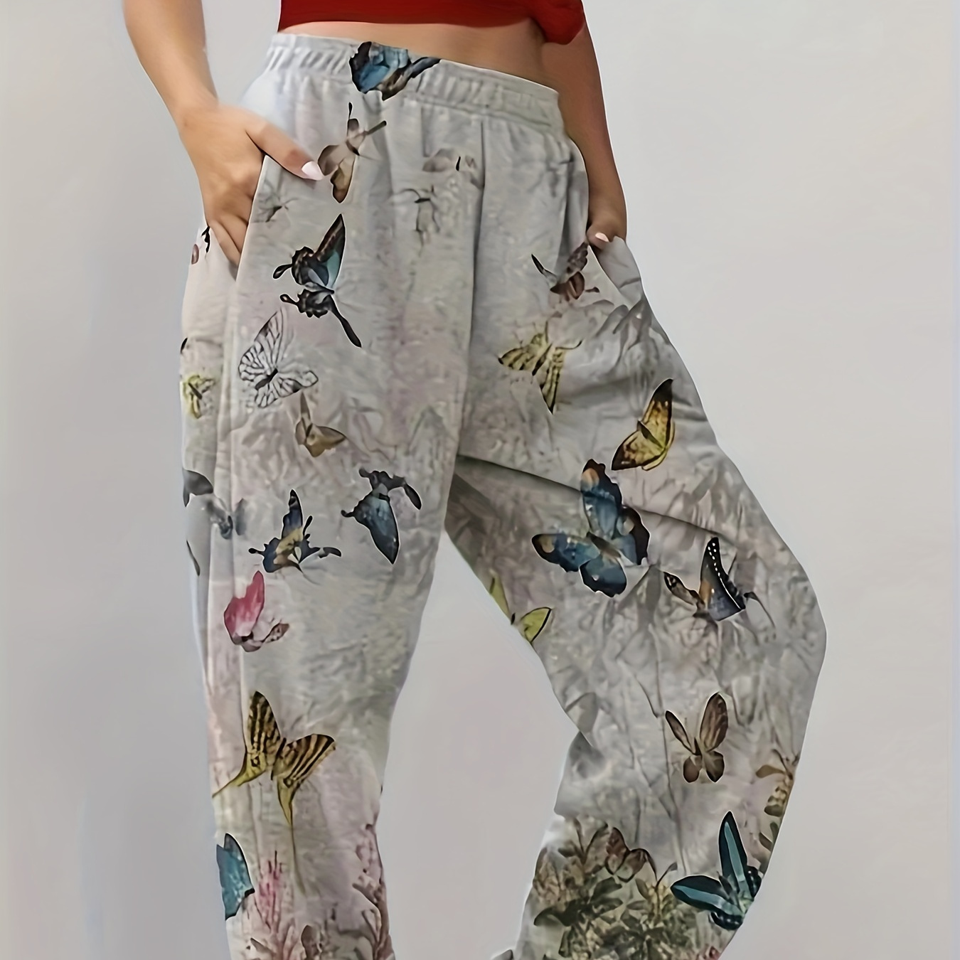 Mariposa Pantalones Floreados Cintura Elástica Pantalones - Temu